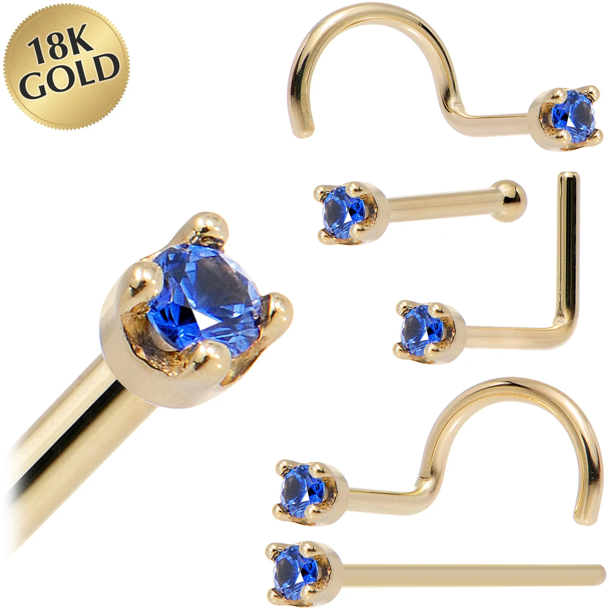 Solid 18KT Yellow Gold (September) 1.5mm Genuine Blue Sapphire Nose Ring