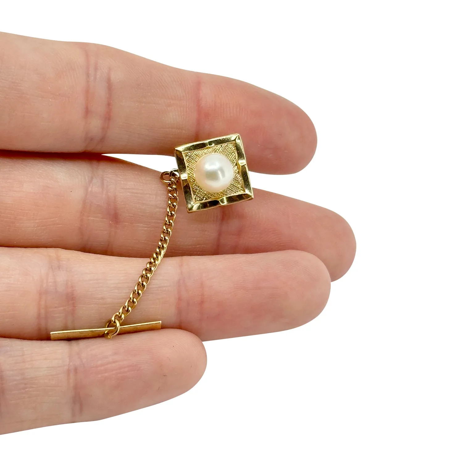 Square Textured Japanese Saltwater Akoya Cultured Pearl Vintage Tie Tac- Gold Filled
