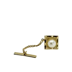 Square Textured Japanese Saltwater Akoya Cultured Pearl Vintage Tie Tac- Gold Filled