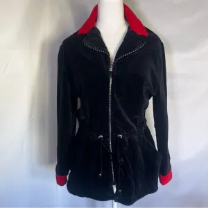St. John Sport Vintage Velour Jacket with Rhinestone Zipper Black and Red Small