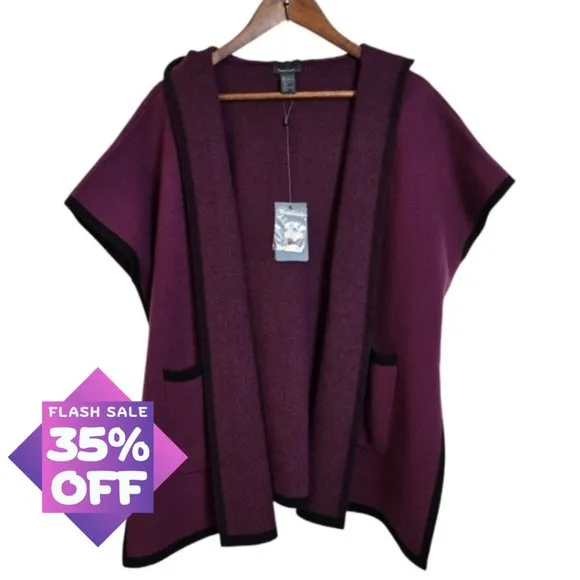 State Fusio Merino Wool Cashmere Womens Cardigan Berry Hooded Sweater Medium