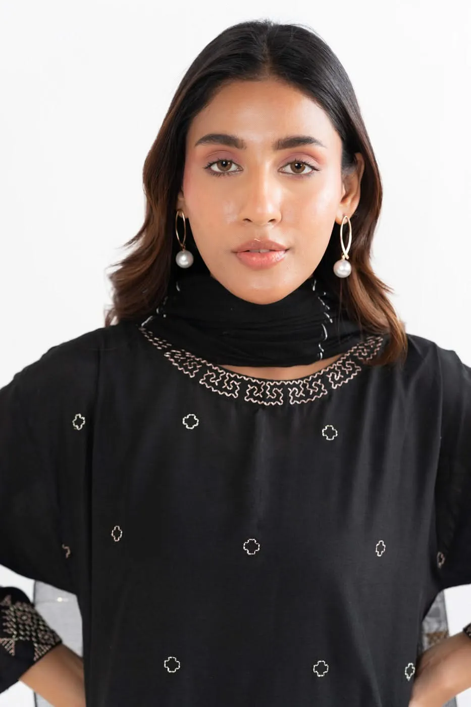 Stitched - 3 Pc Embroidered Cotton Silk Outfit