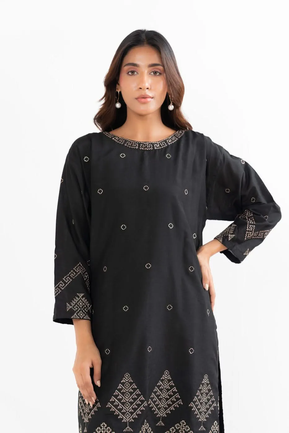 Stitched - 3 Pc Embroidered Cotton Silk Outfit