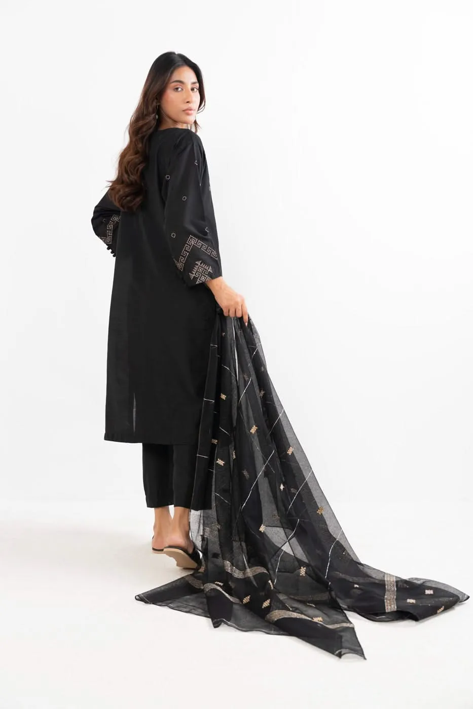 Stitched - 3 Pc Embroidered Cotton Silk Outfit