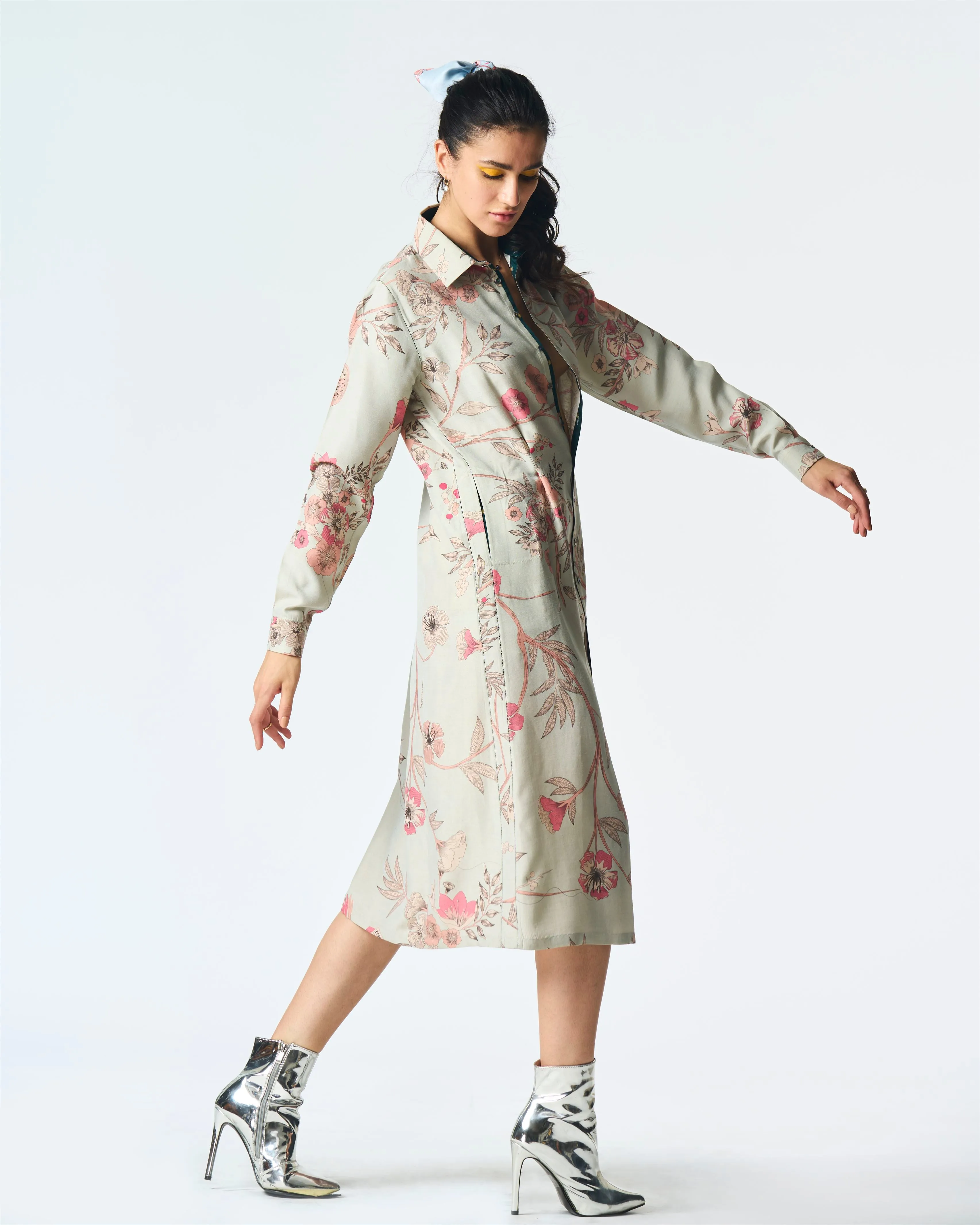 Summer-Dress Pleated Blue Muga Satin Silk-Fashion Edit Orchard-WDR501MT545-SUKETDHIR
