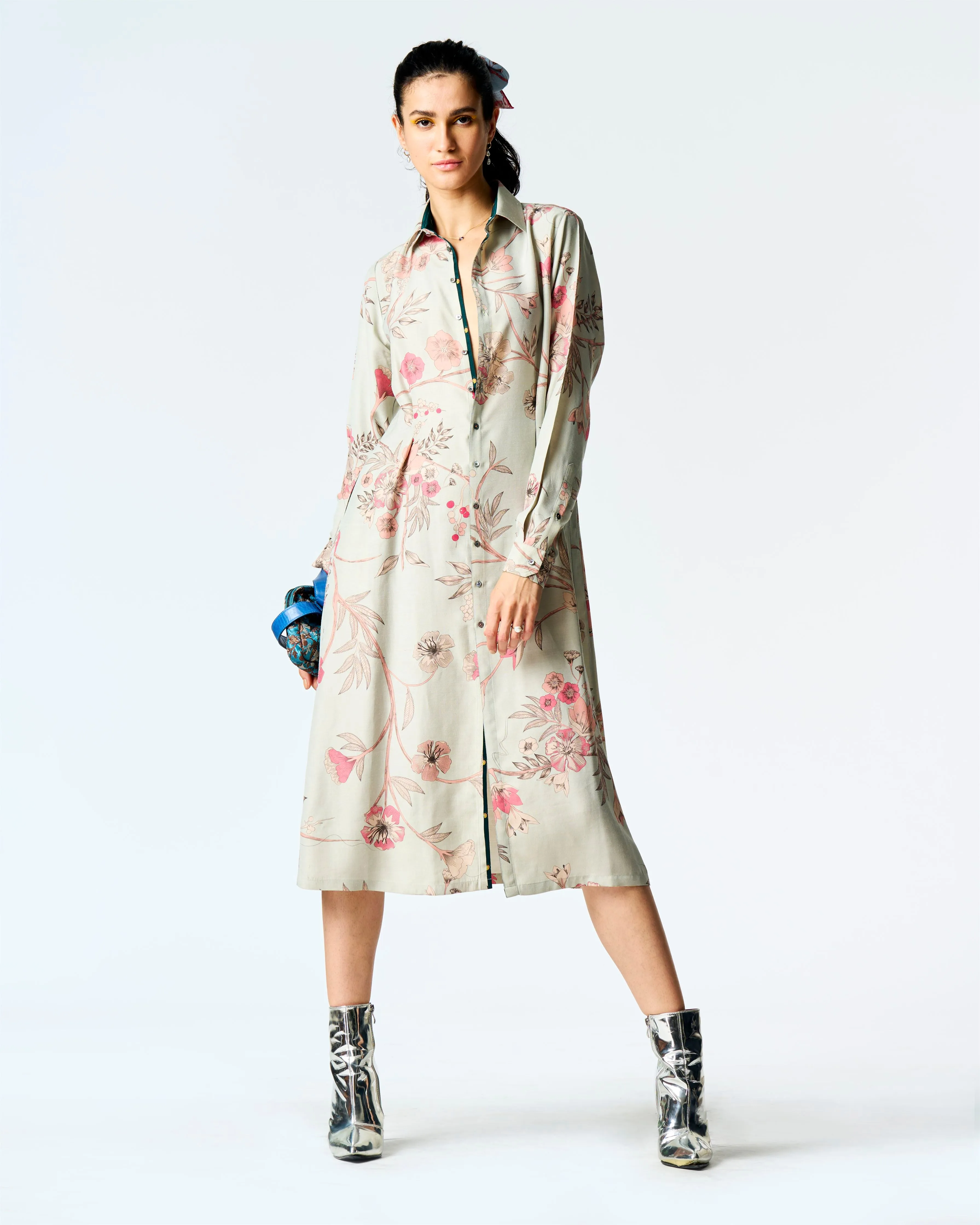 Summer-Dress Pleated Blue Muga Satin Silk-Fashion Edit Orchard-WDR501MT545-SUKETDHIR