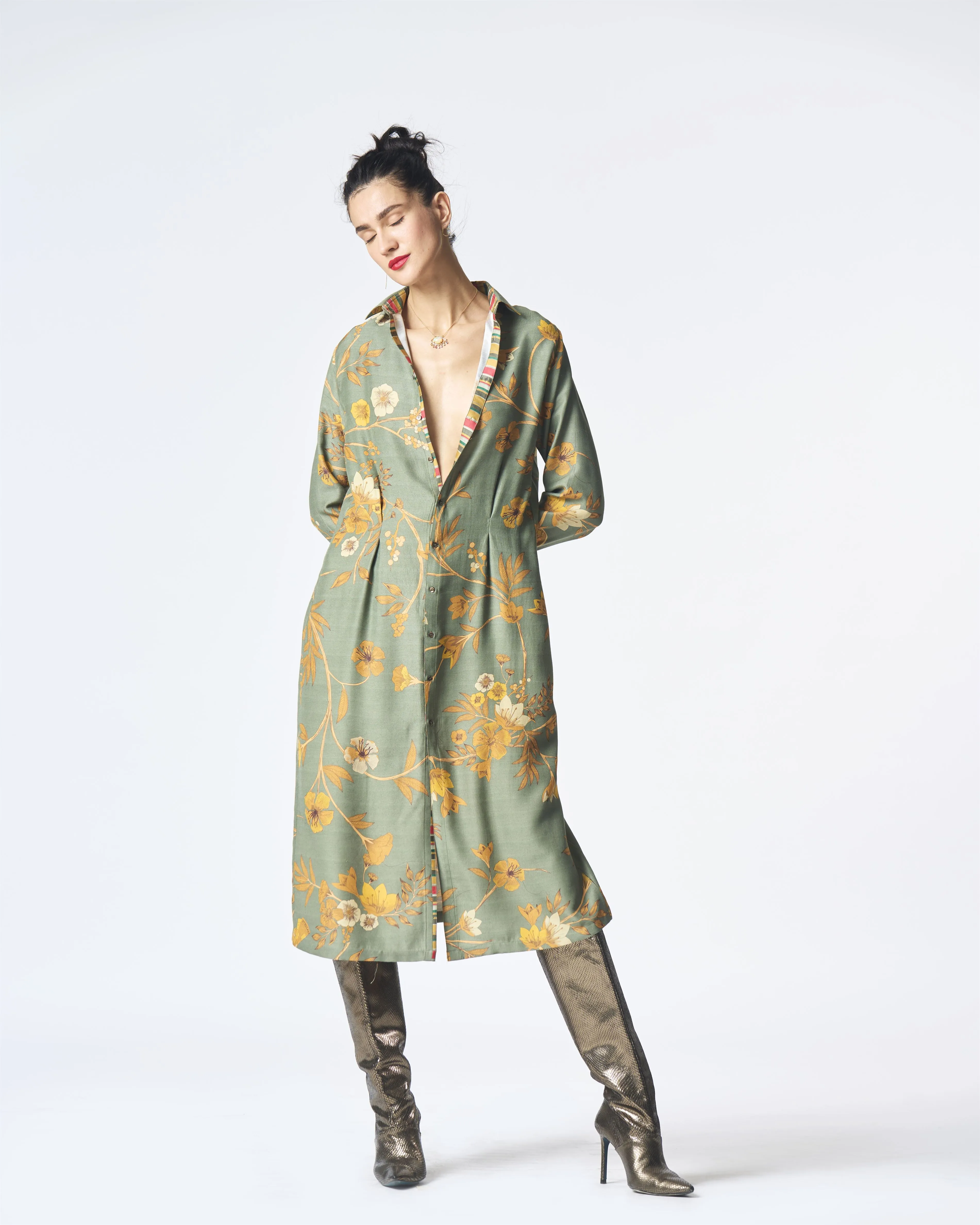 Summer-Dress Pleated Sage Muga Satin Silk-Fashion Edit Orchard-WDR501MT538-SUKETDHIR