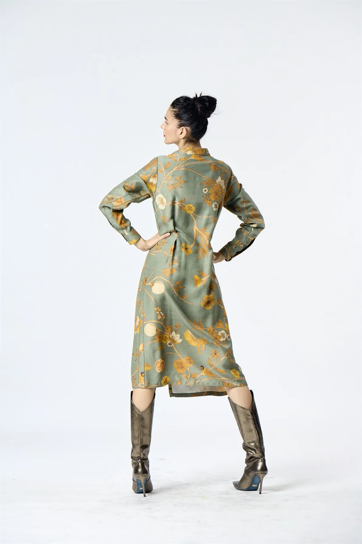 Summer-Dress Pleated Sage Muga Satin Silk-Fashion Edit Orchard-WDR501MT538-SUKETDHIR