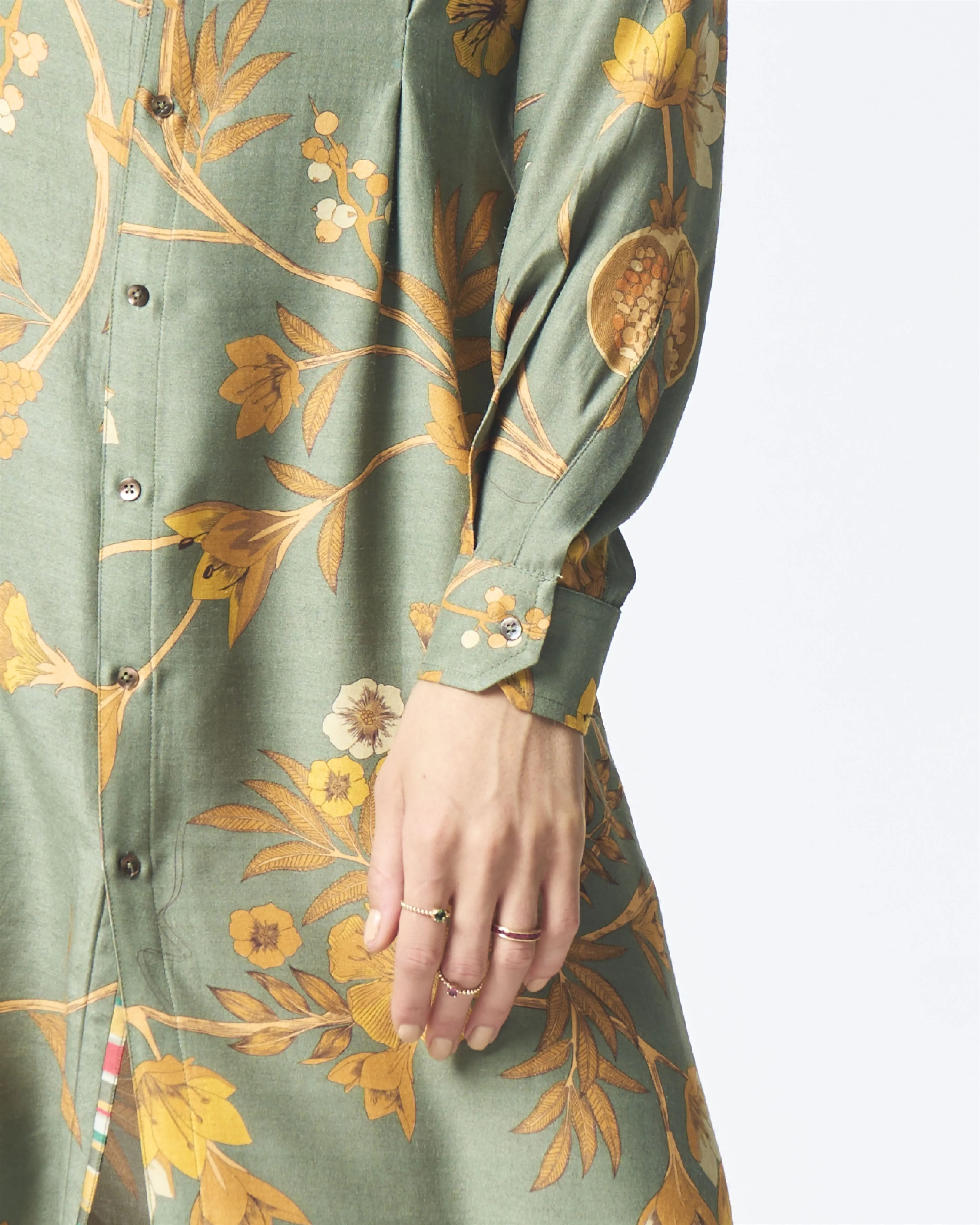 Summer-Dress Pleated Sage Muga Satin Silk-Fashion Edit Orchard-WDR501MT538-SUKETDHIR