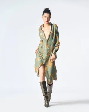 Summer-Dress Pleated Sage Muga Satin Silk-Fashion Edit Orchard-WDR501MT538-SUKETDHIR