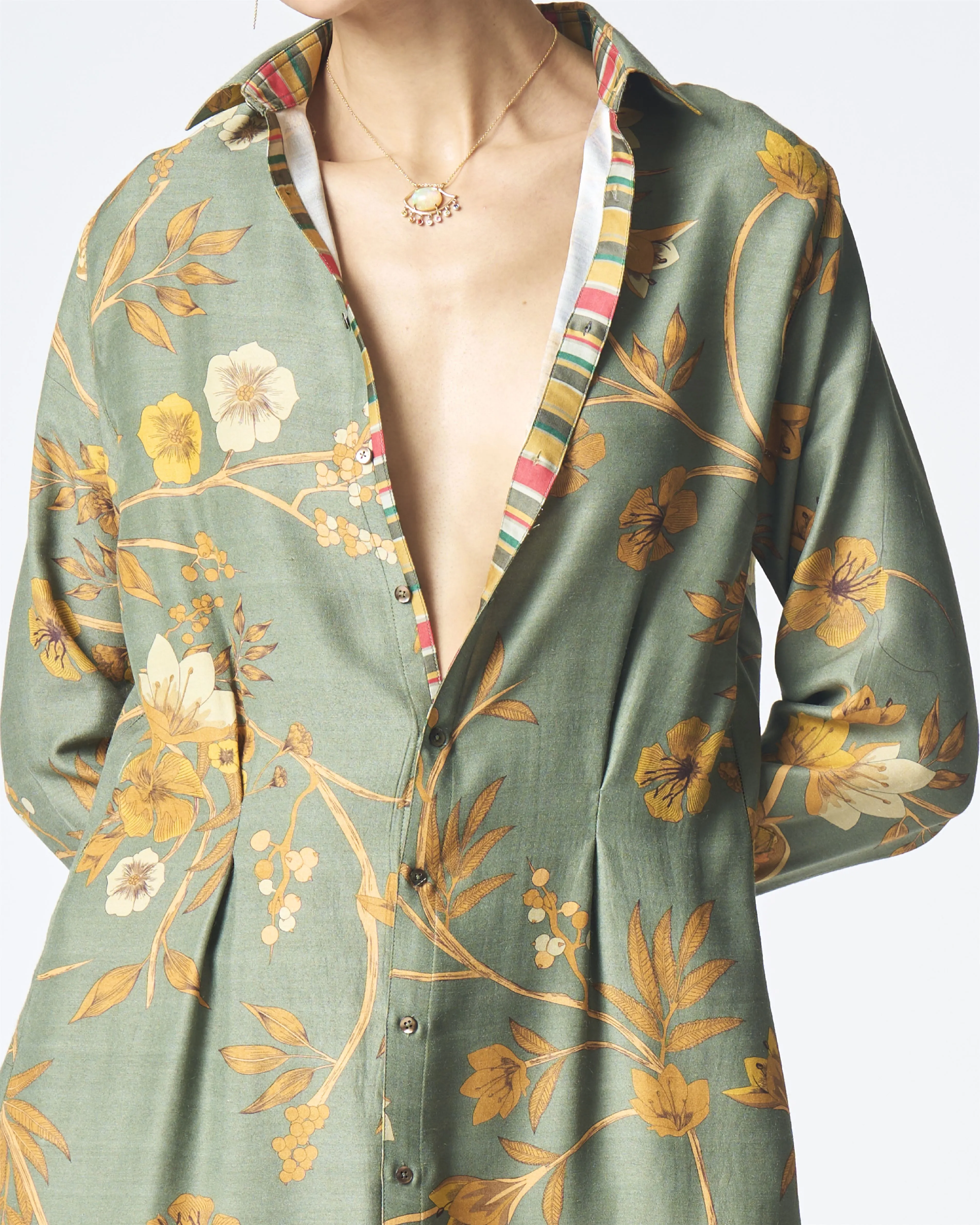Summer-Dress Pleated Sage Muga Satin Silk-Fashion Edit Orchard-WDR501MT538-SUKETDHIR