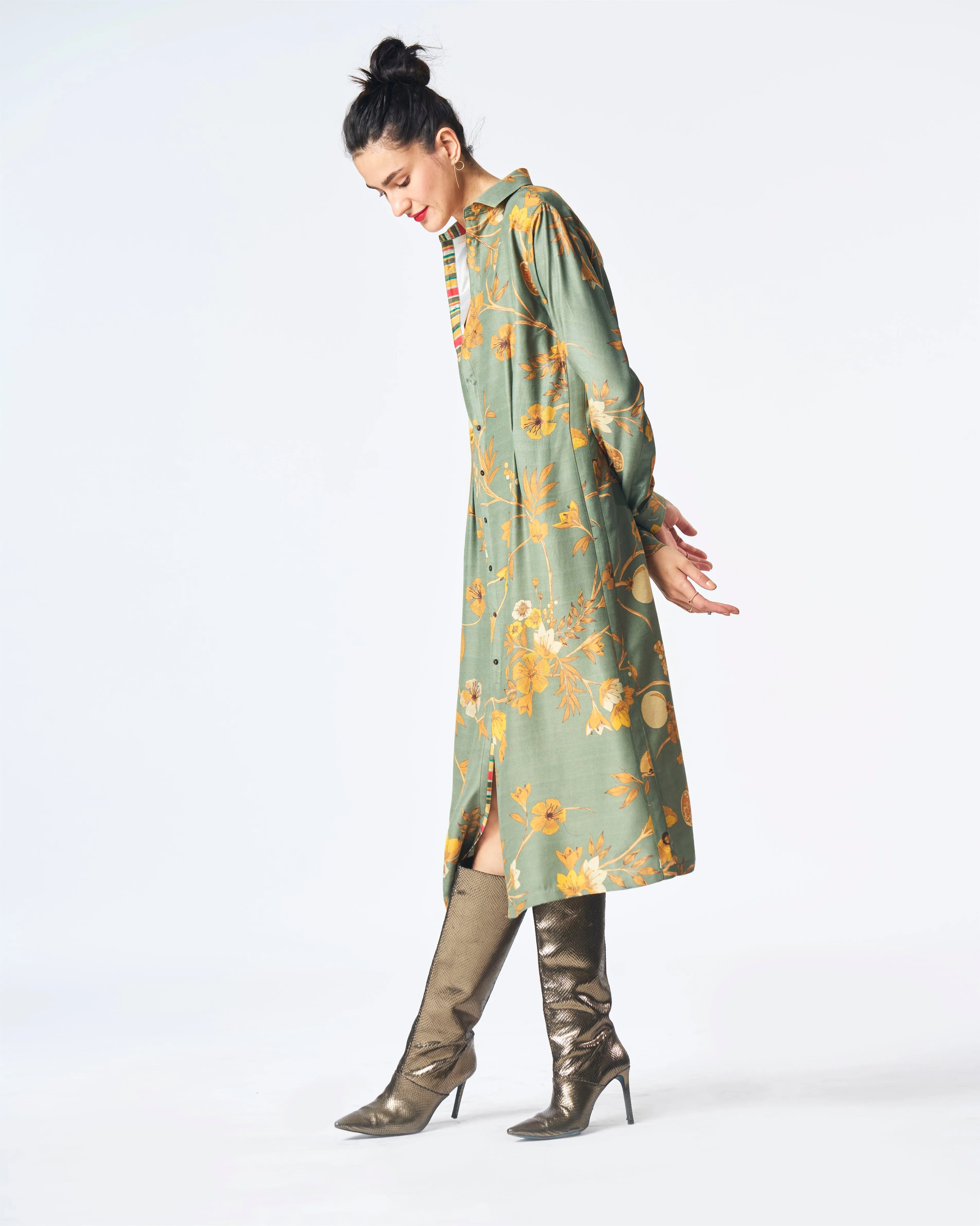 Summer-Dress Pleated Sage Muga Satin Silk-Fashion Edit Orchard-WDR501MT538-SUKETDHIR