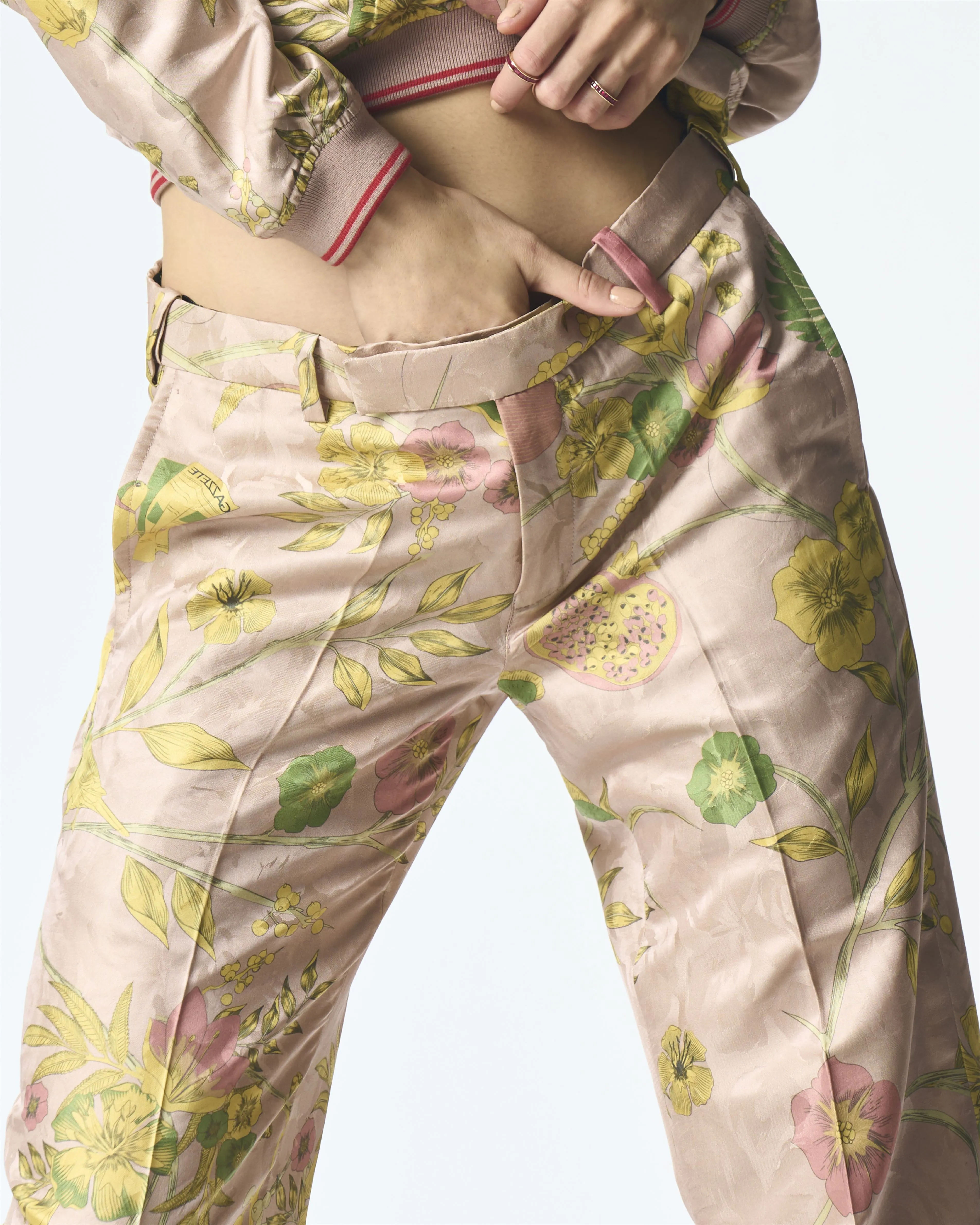 Summer-Trousers Straight Fit Pink Silk Damask-Fashion Edit Orchard-WP532SJ544-SUKETDHIR