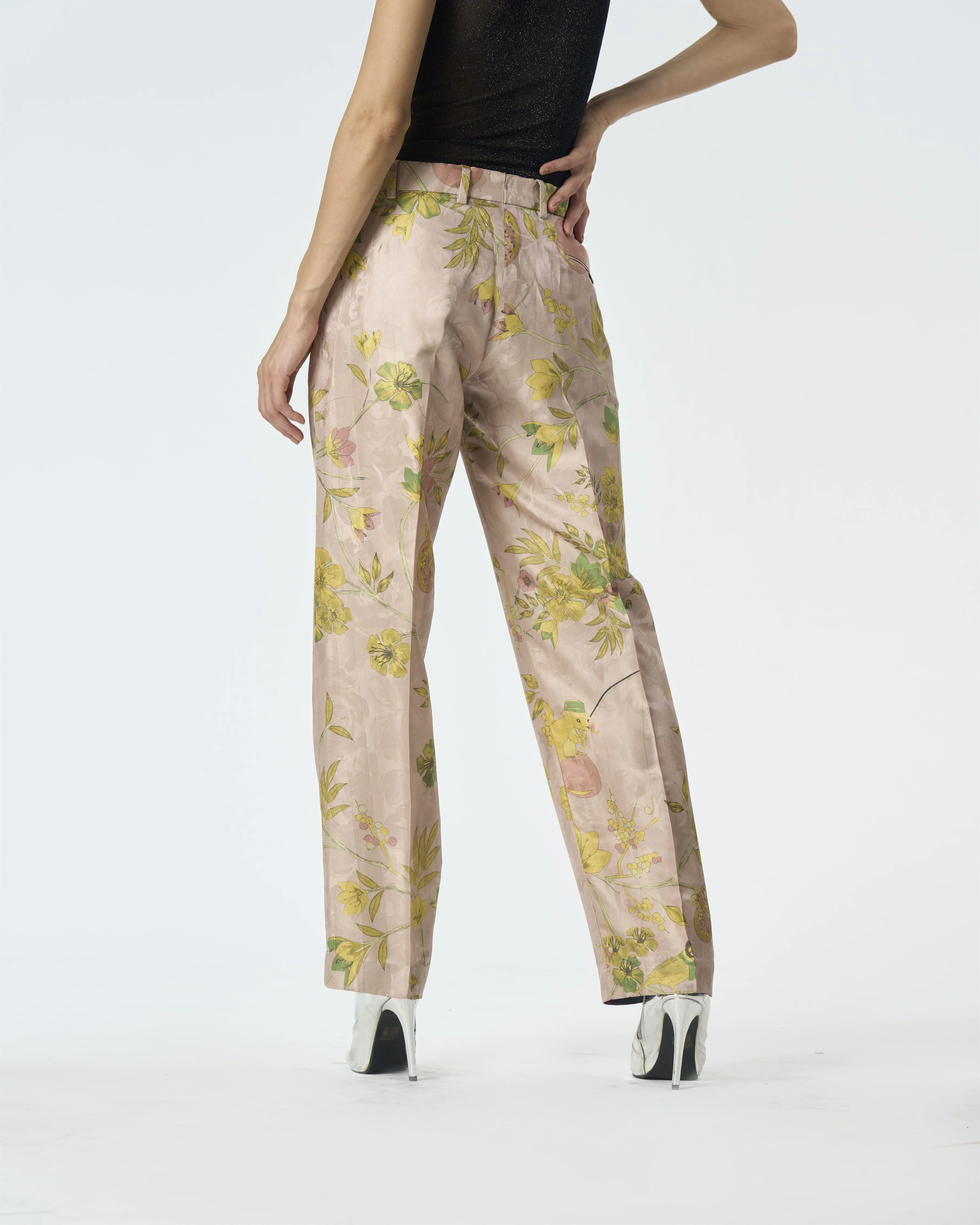 Summer-Trousers Straight Fit Pink Silk Damask-Fashion Edit Orchard-WP532SJ544-SUKETDHIR