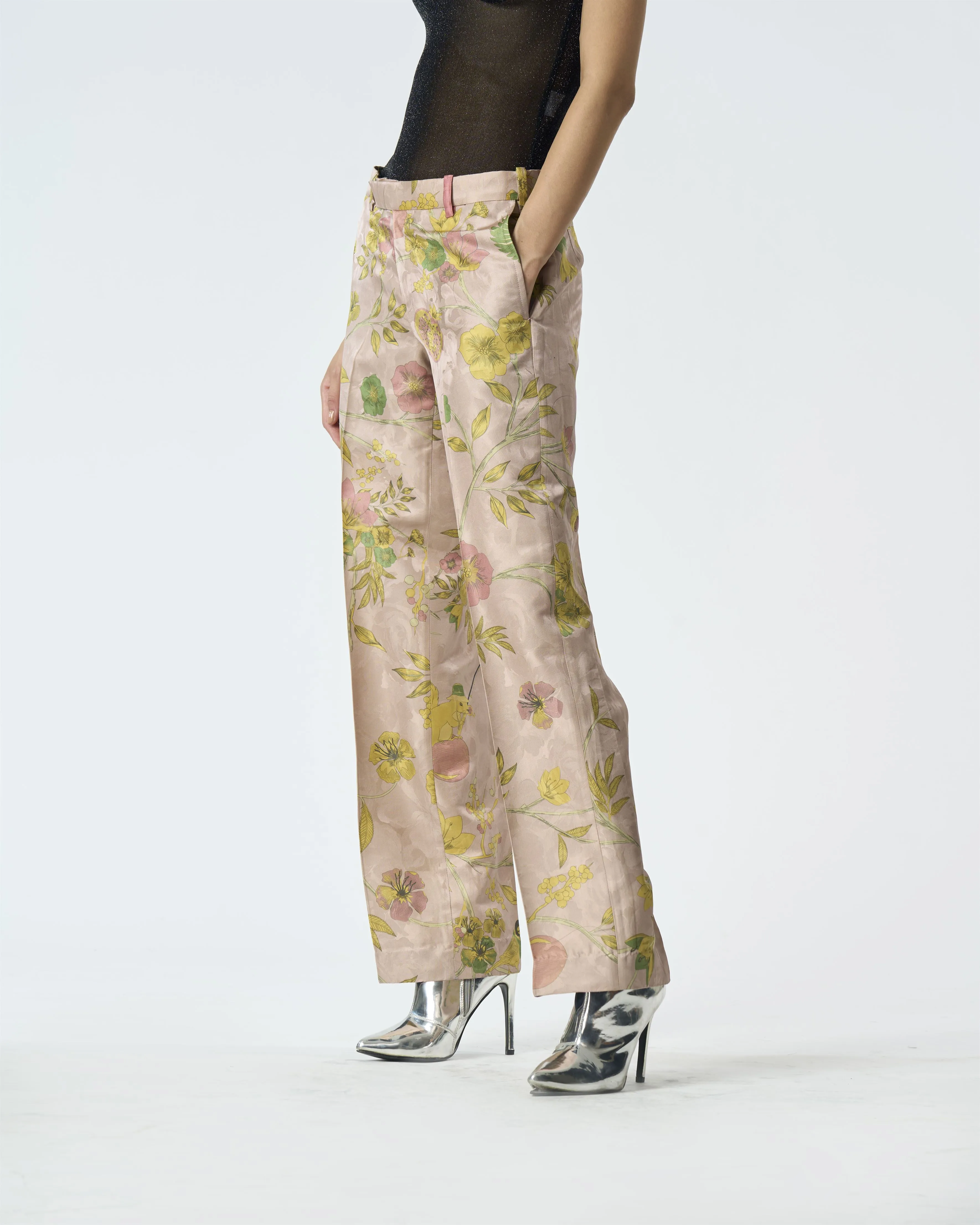 Summer-Trousers Straight Fit Pink Silk Damask-Fashion Edit Orchard-WP532SJ544-SUKETDHIR