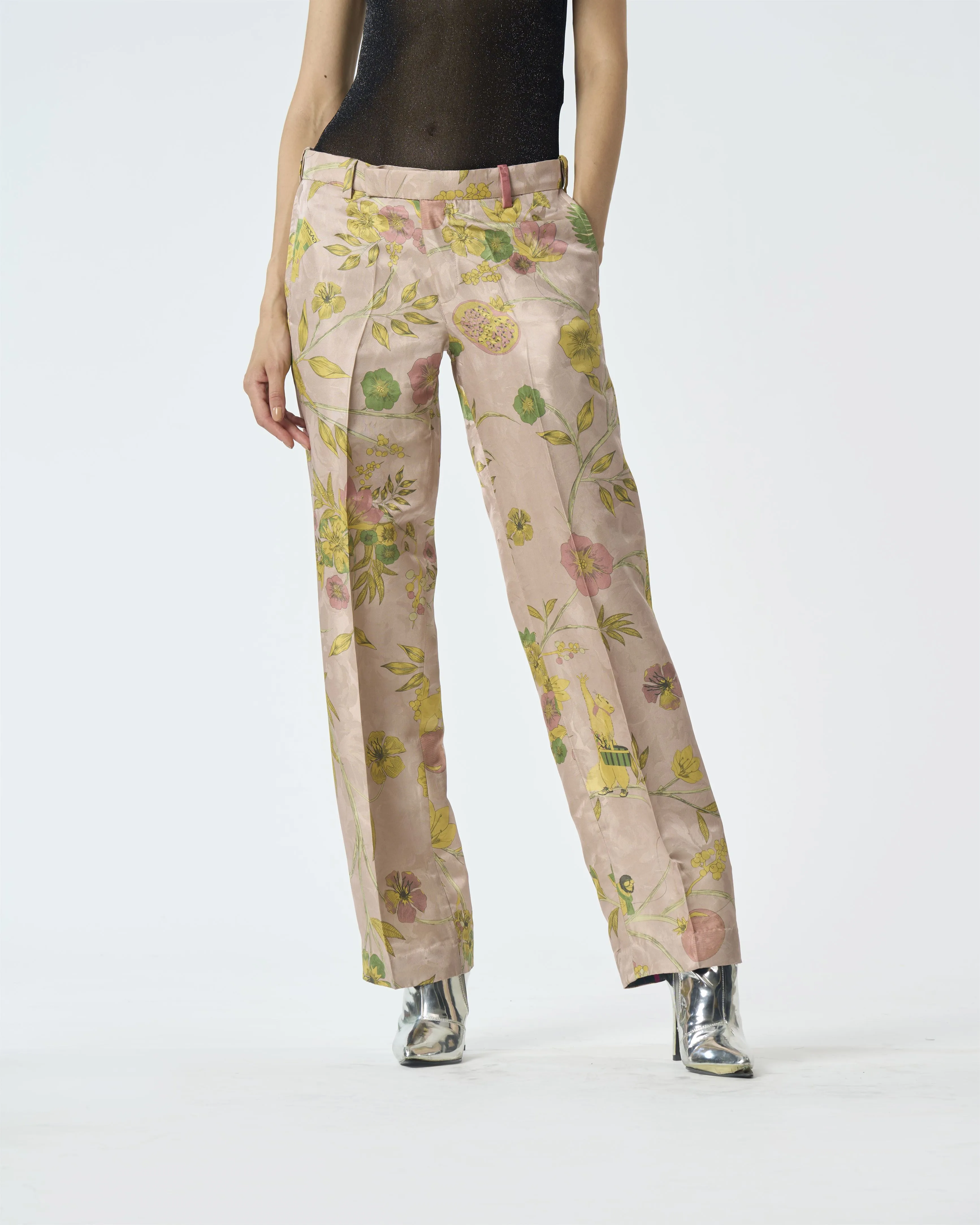 Summer-Trousers Straight Fit Pink Silk Damask-Fashion Edit Orchard-WP532SJ544-SUKETDHIR