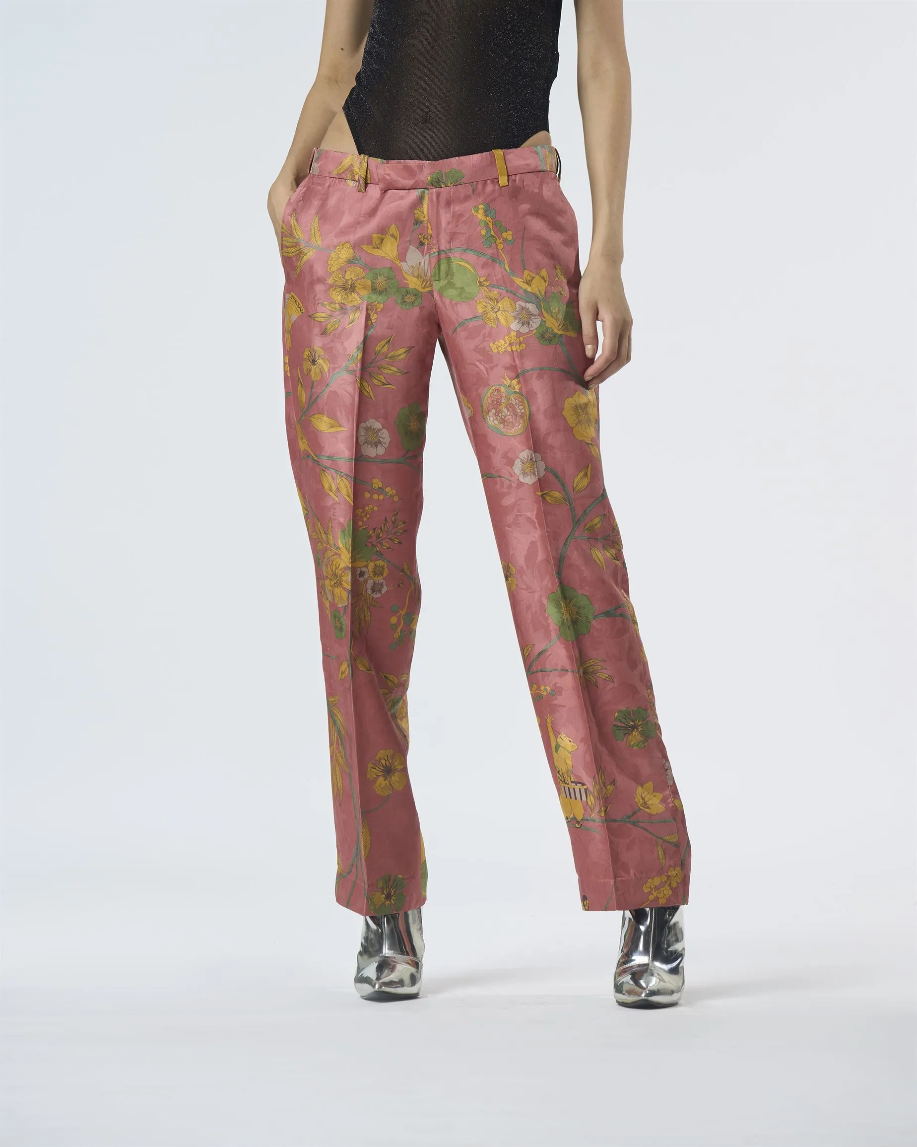 Summer-Trousers Straight Fit Rose Silk Damask-Fashion Edit Orchard-WP532SJ537-SUKETDHIR
