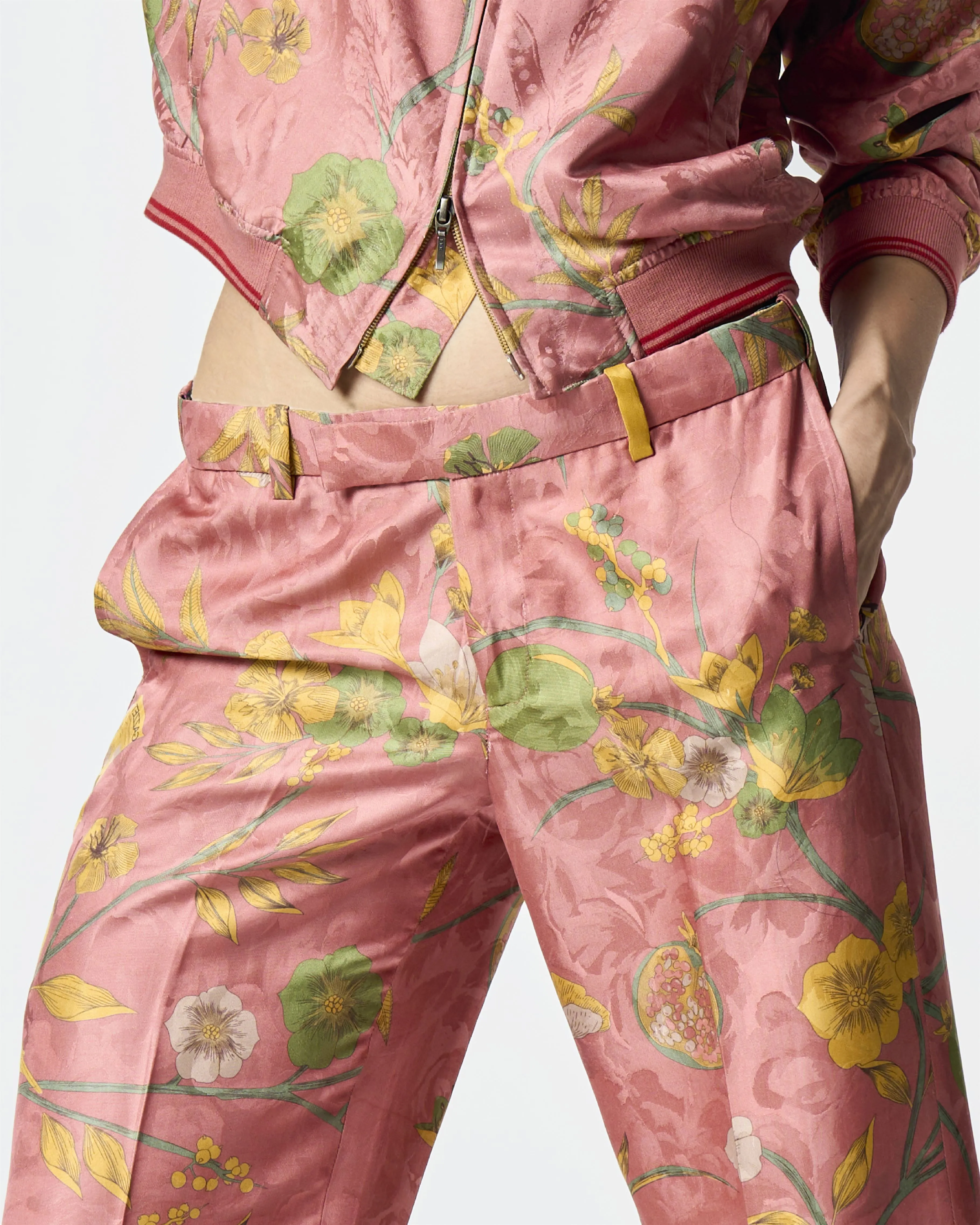 Summer-Trousers Straight Fit Rose Silk Damask-Fashion Edit Orchard-WP532SJ537-SUKETDHIR
