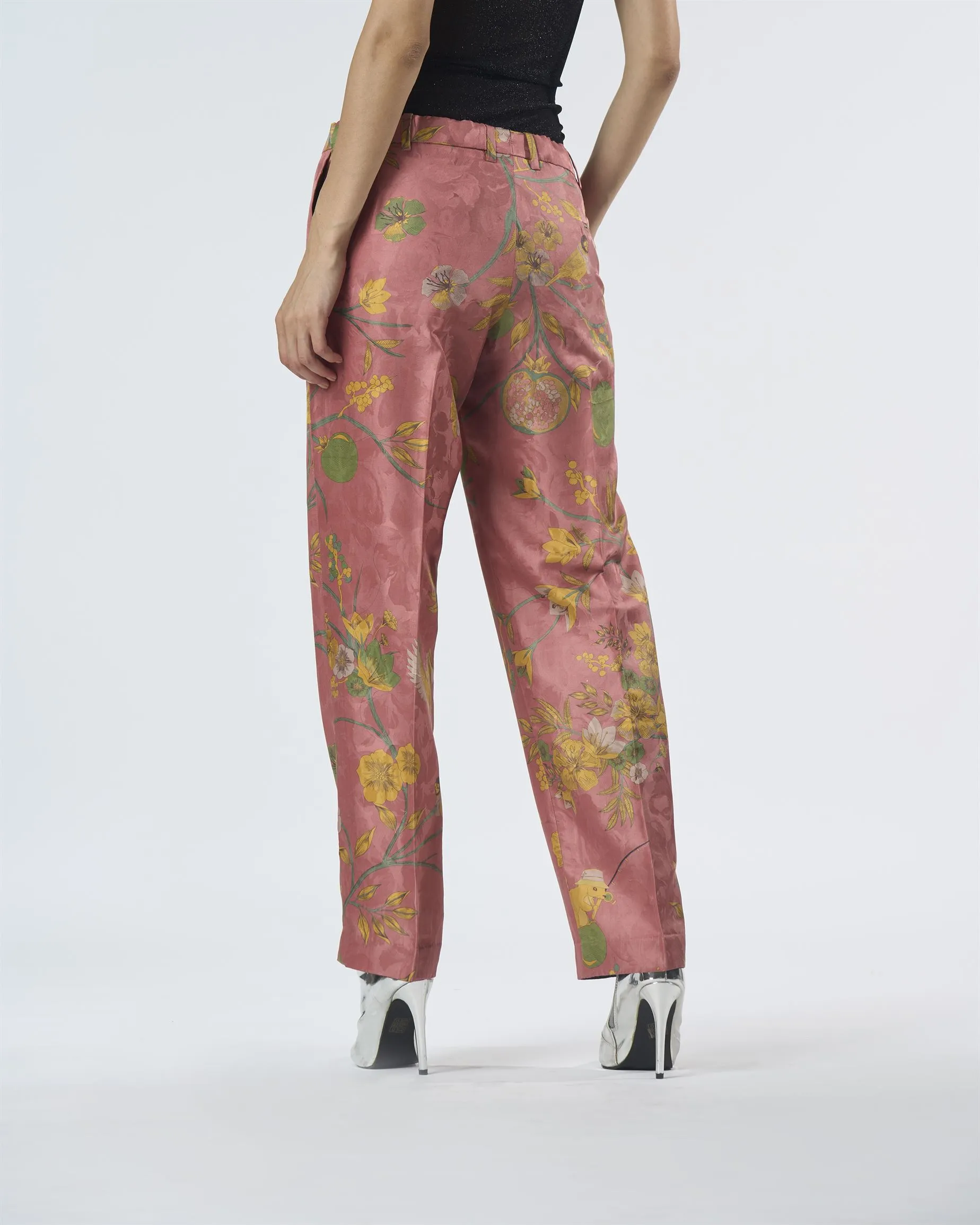 Summer-Trousers Straight Fit Rose Silk Damask-Fashion Edit Orchard-WP532SJ537-SUKETDHIR