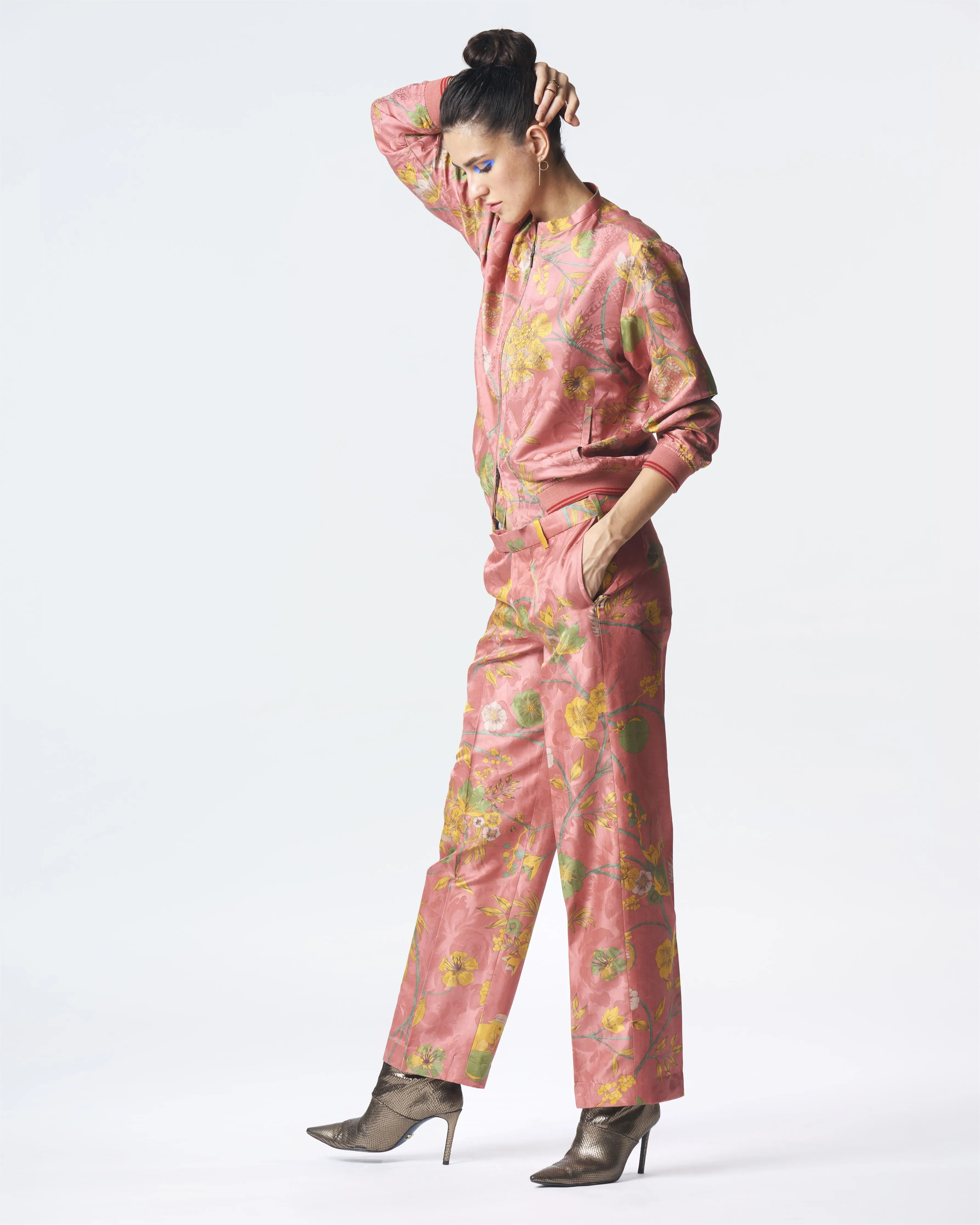 Summer-Trousers Straight Fit Rose Silk Damask-Fashion Edit Orchard-WP532SJ537-SUKETDHIR