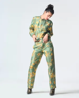 Summer-Trousers Straight Fit Sage Silk Damask-Fashion Edit Orchard-WP532SJ538-SUKETDHIR