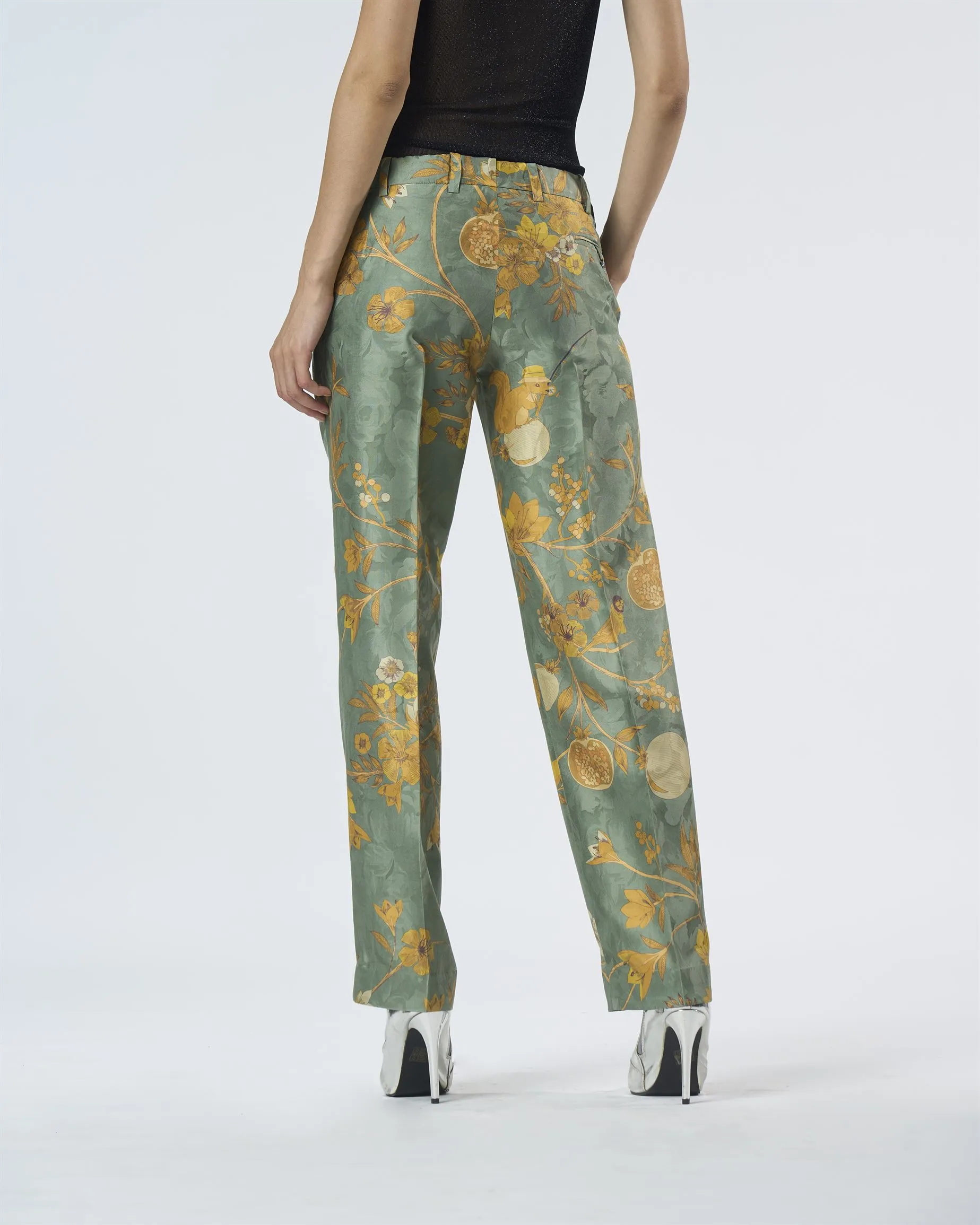 Summer-Trousers Straight Fit Sage Silk Damask-Fashion Edit Orchard-WP532SJ538-SUKETDHIR
