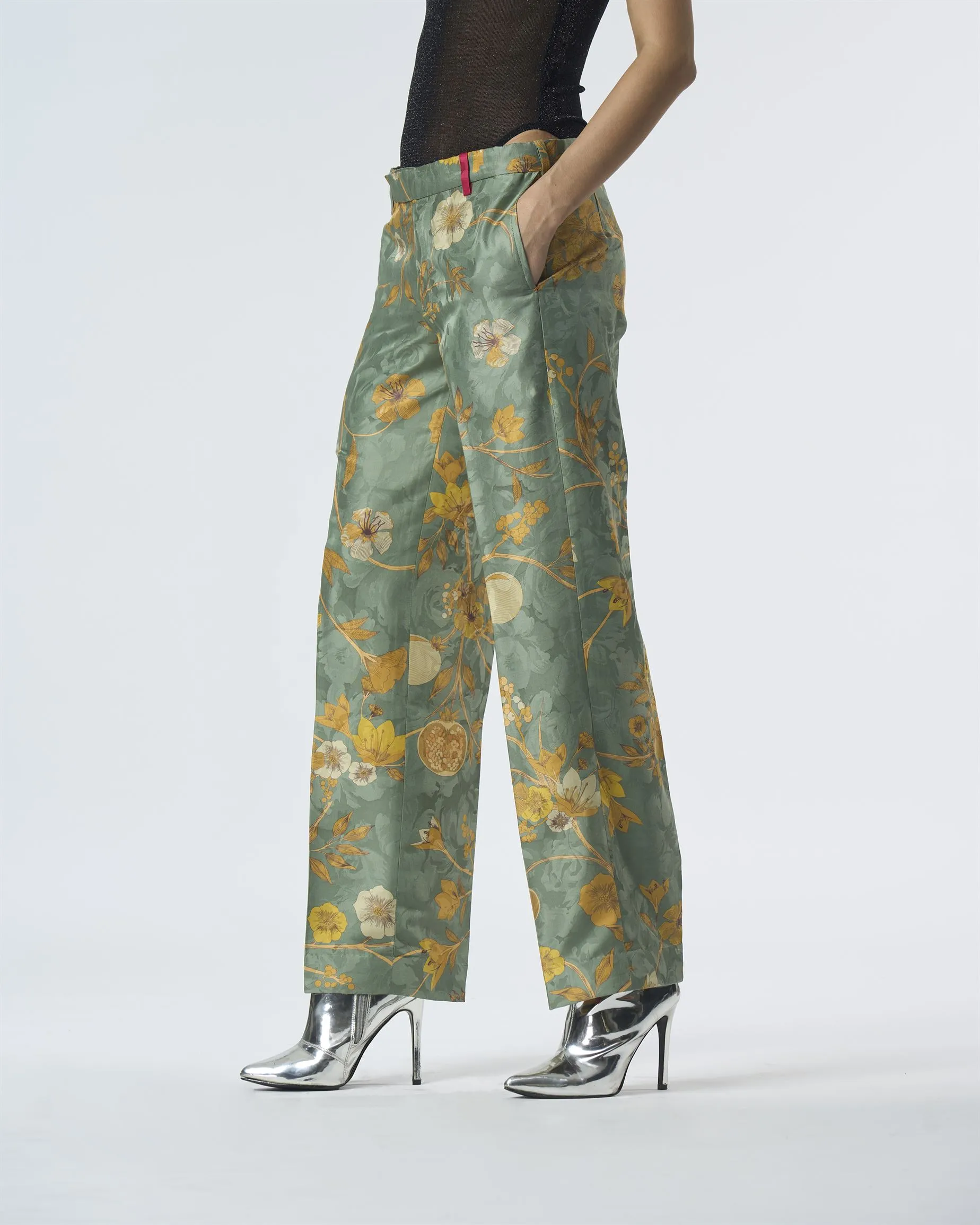Summer-Trousers Straight Fit Sage Silk Damask-Fashion Edit Orchard-WP532SJ538-SUKETDHIR