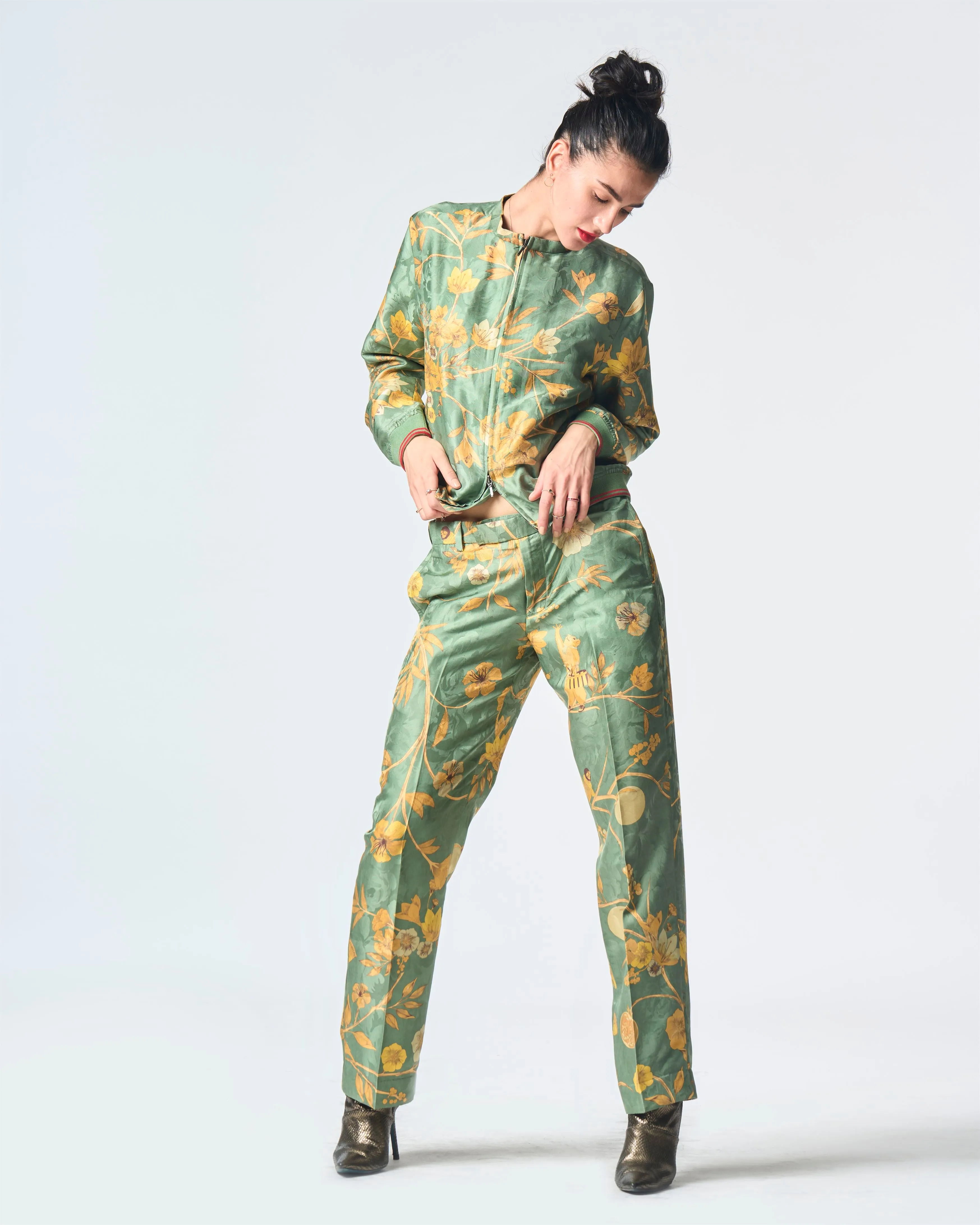 Summer-Trousers Straight Fit Sage Silk Damask-Fashion Edit Orchard-WP532SJ538-SUKETDHIR