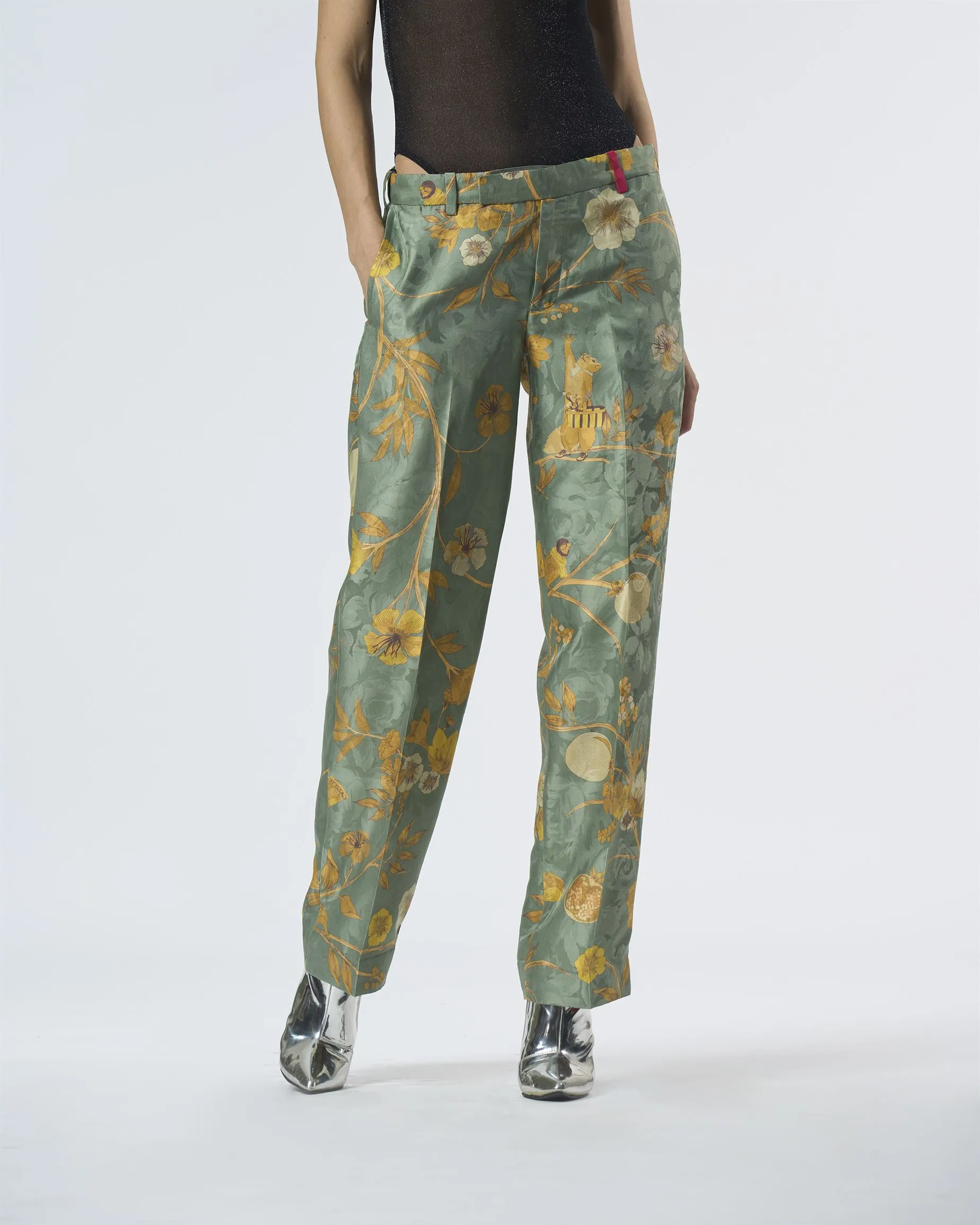 Summer-Trousers Straight Fit Sage Silk Damask-Fashion Edit Orchard-WP532SJ538-SUKETDHIR