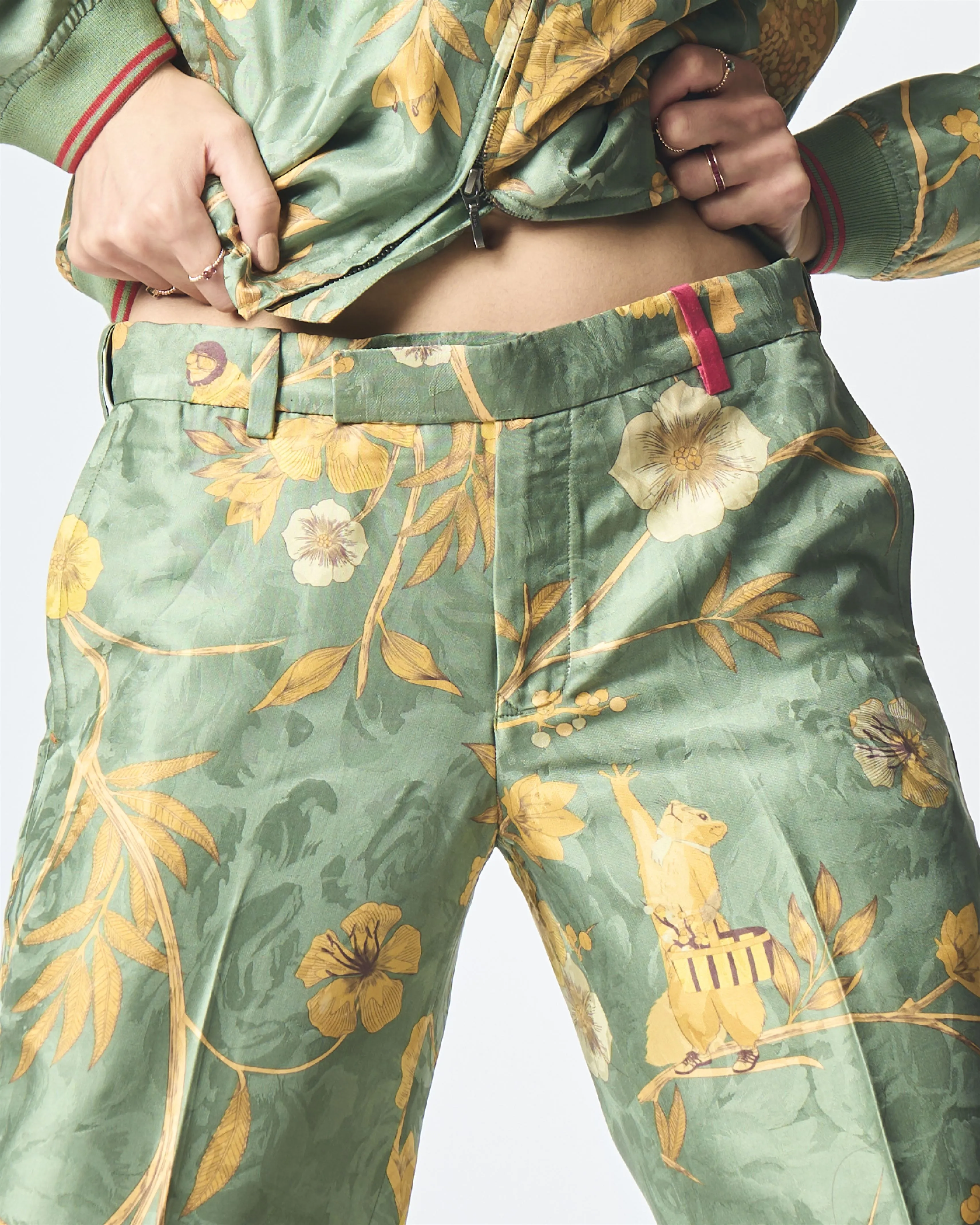 Summer-Trousers Straight Fit Sage Silk Damask-Fashion Edit Orchard-WP532SJ538-SUKETDHIR