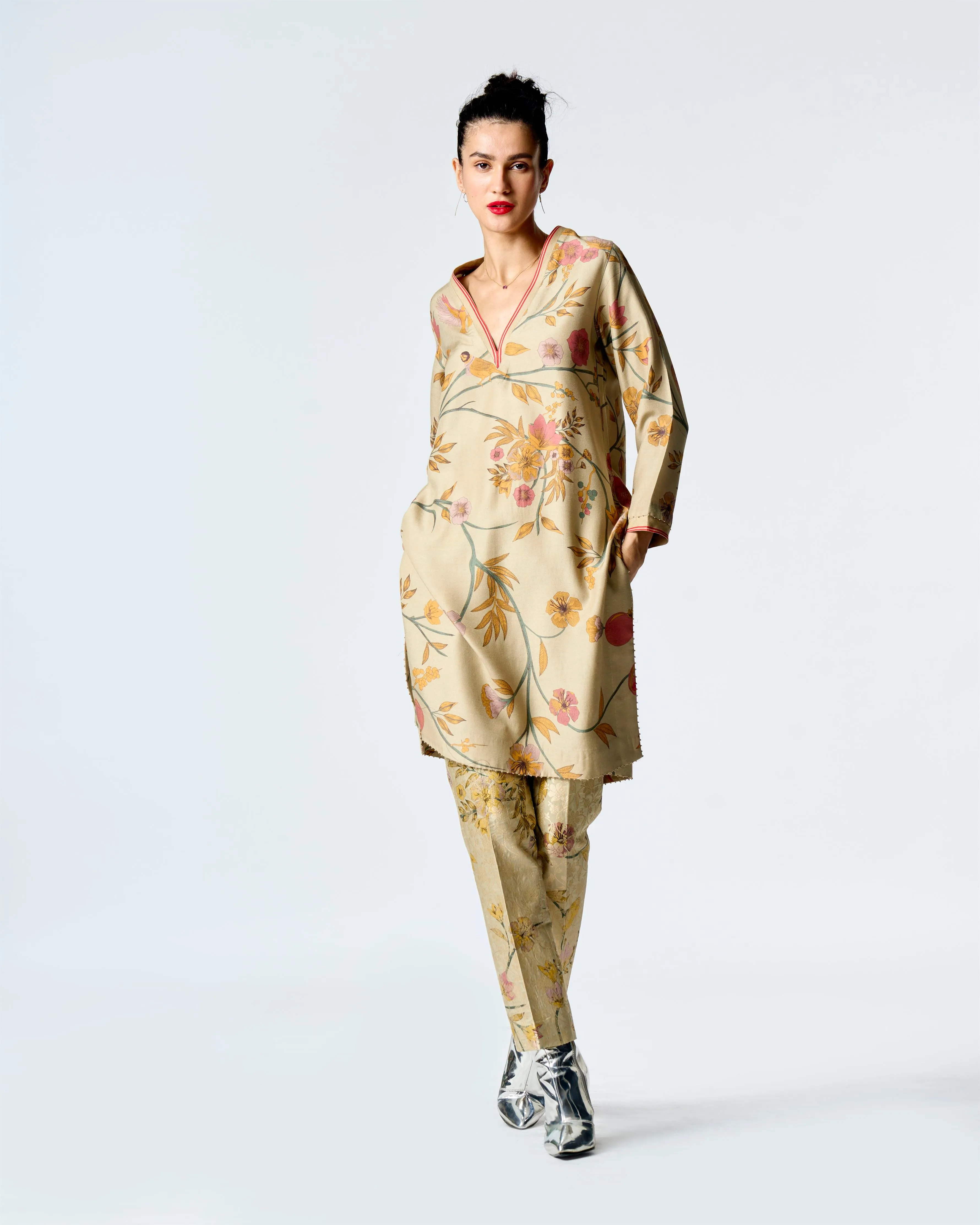 Summer-Tunic Kurta V Neck Mint Muga Satin Silk-Fashion Edit Orchard-WP507MT535-SUKETDHIR