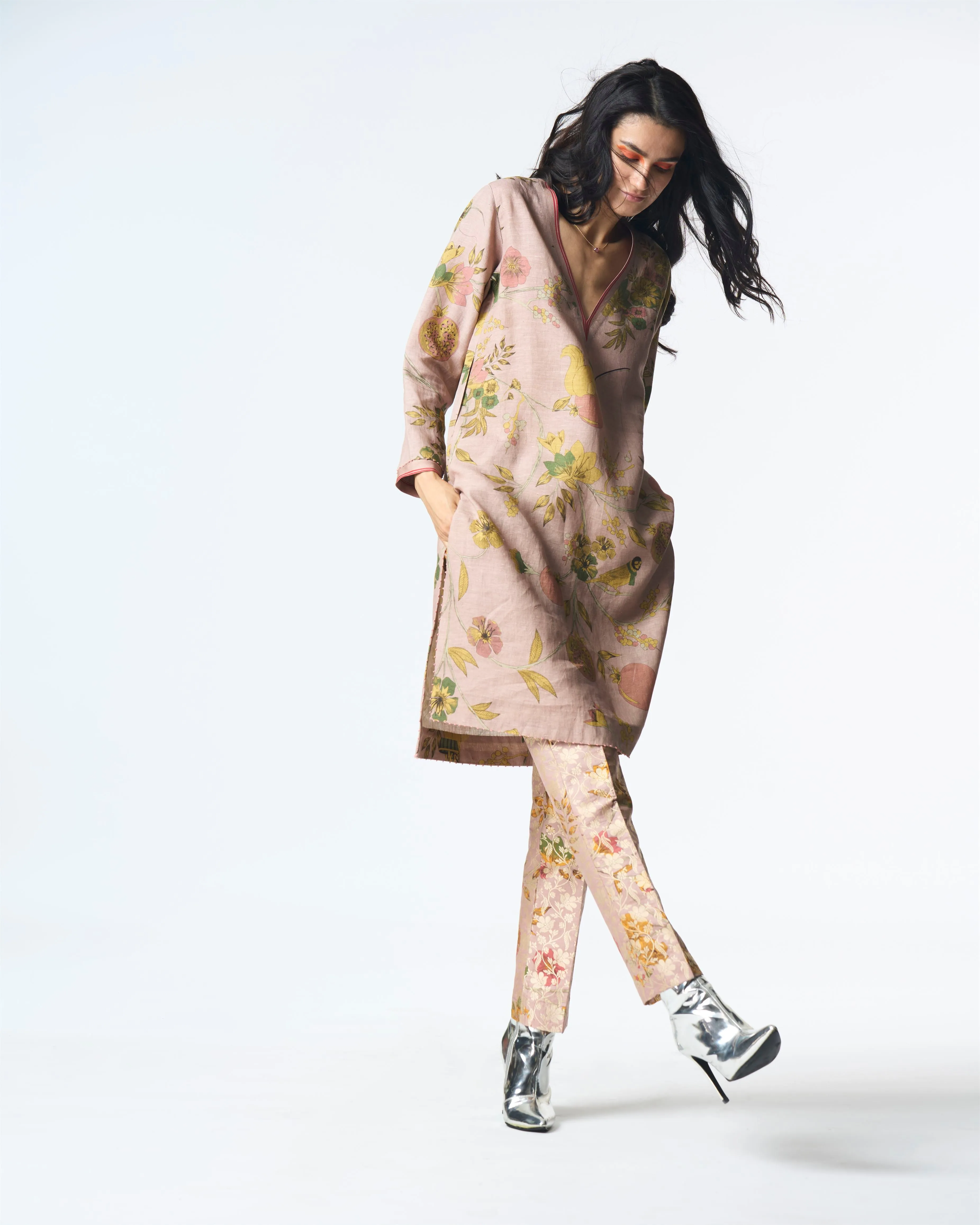 Summer-Tunic Kurta V Neck Pink Muga Satin Silk-Fashion Edit Orchard-WP507MT544-SUKETDHIR
