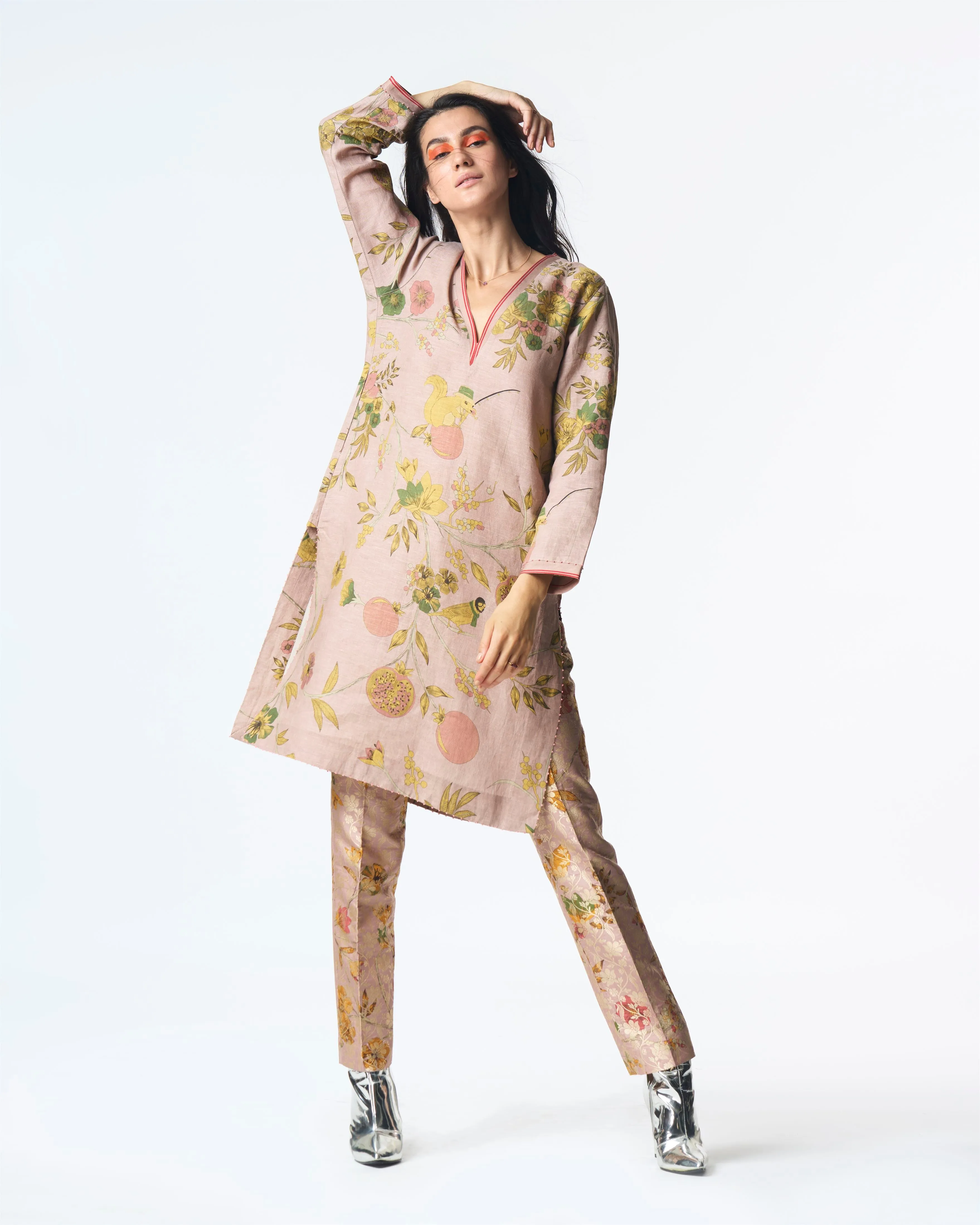 Summer-Tunic Kurta V Neck Pink Muga Satin Silk-Fashion Edit Orchard-WP507MT544-SUKETDHIR