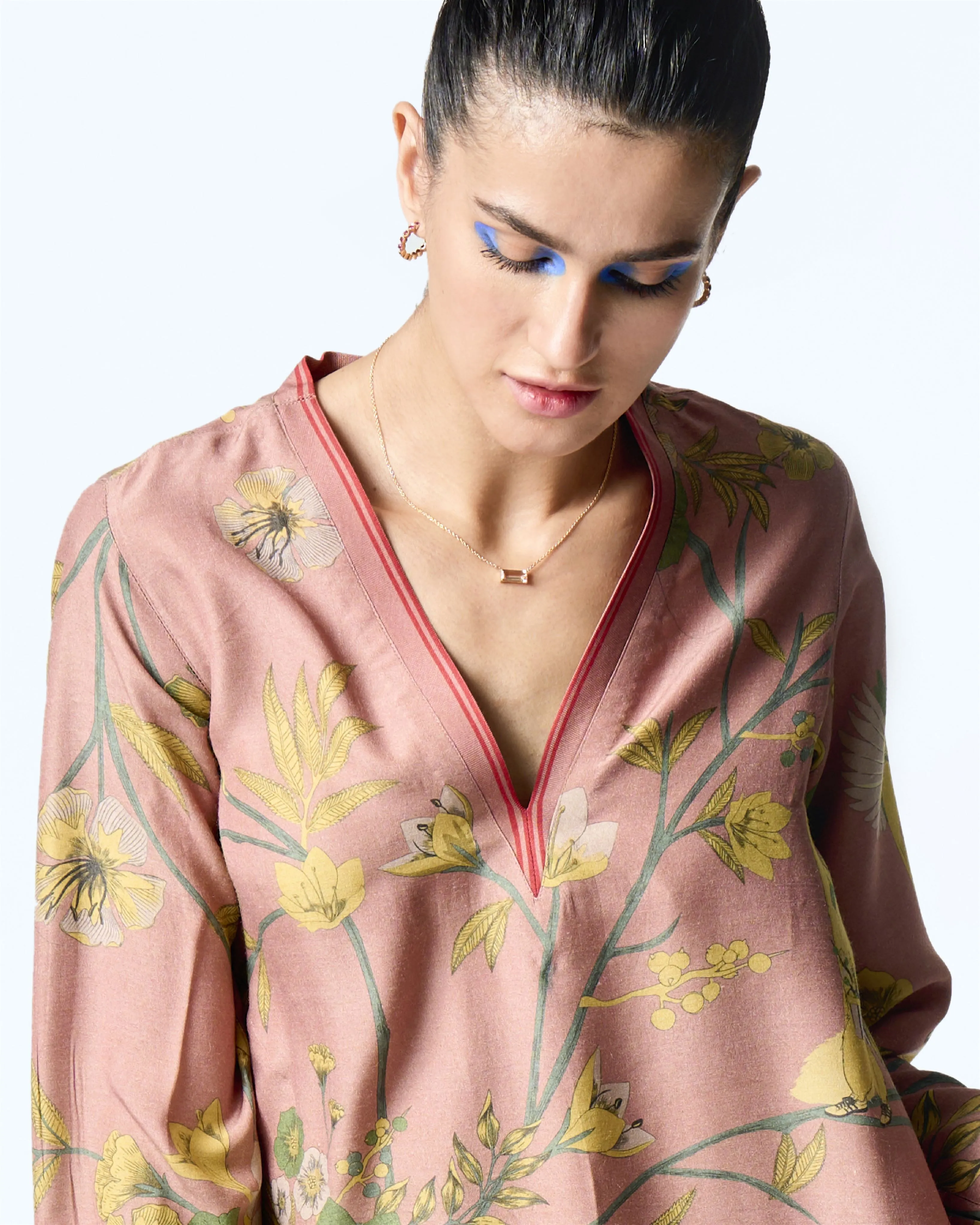 Summer-Tunic Kurta V Neck Rose Muga Satin Silk-Fashion Edit Orchard-WP507MT537-SUKETDHIR