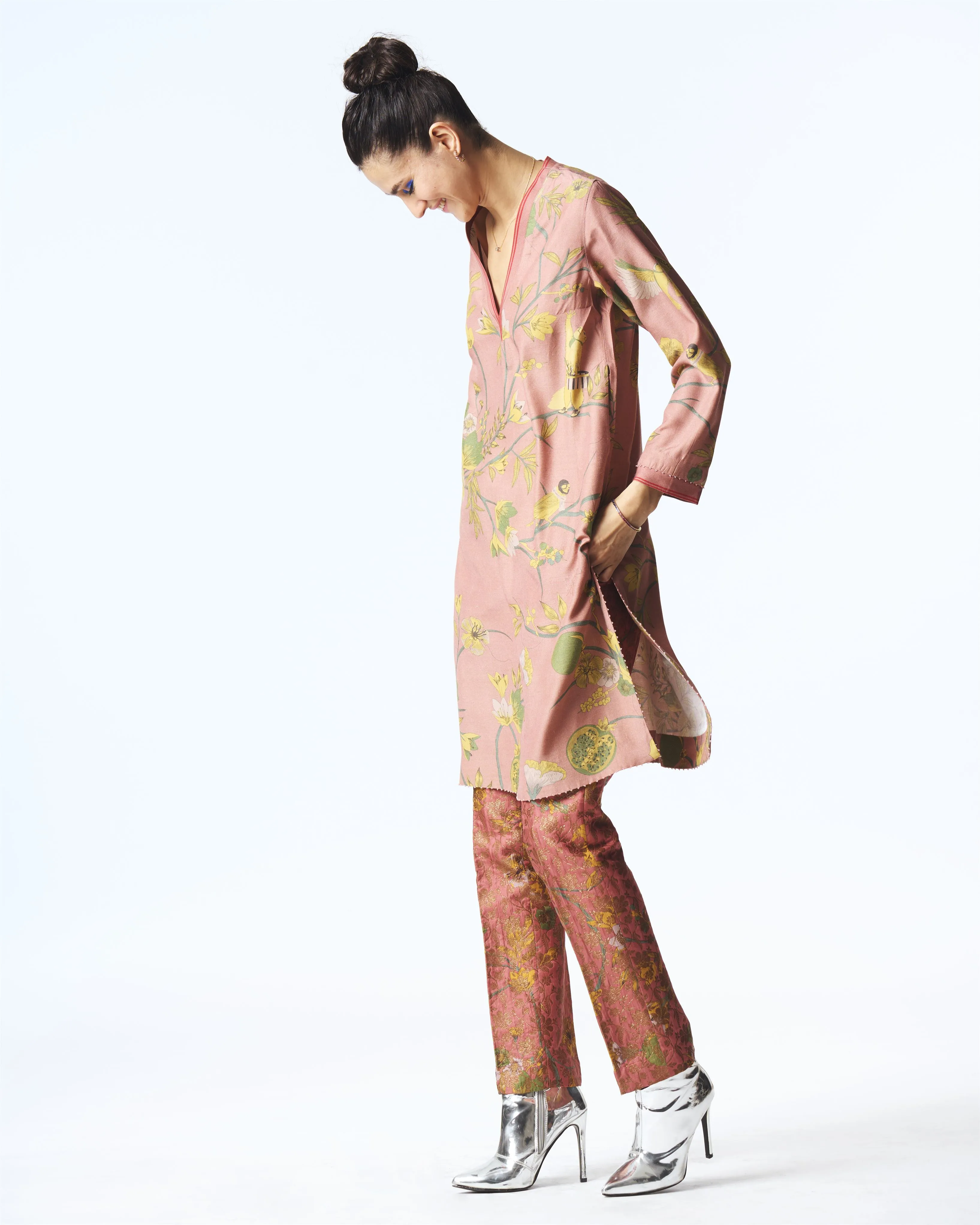 Summer-Tunic Kurta V Neck Rose Muga Satin Silk-Fashion Edit Orchard-WP507MT537-SUKETDHIR