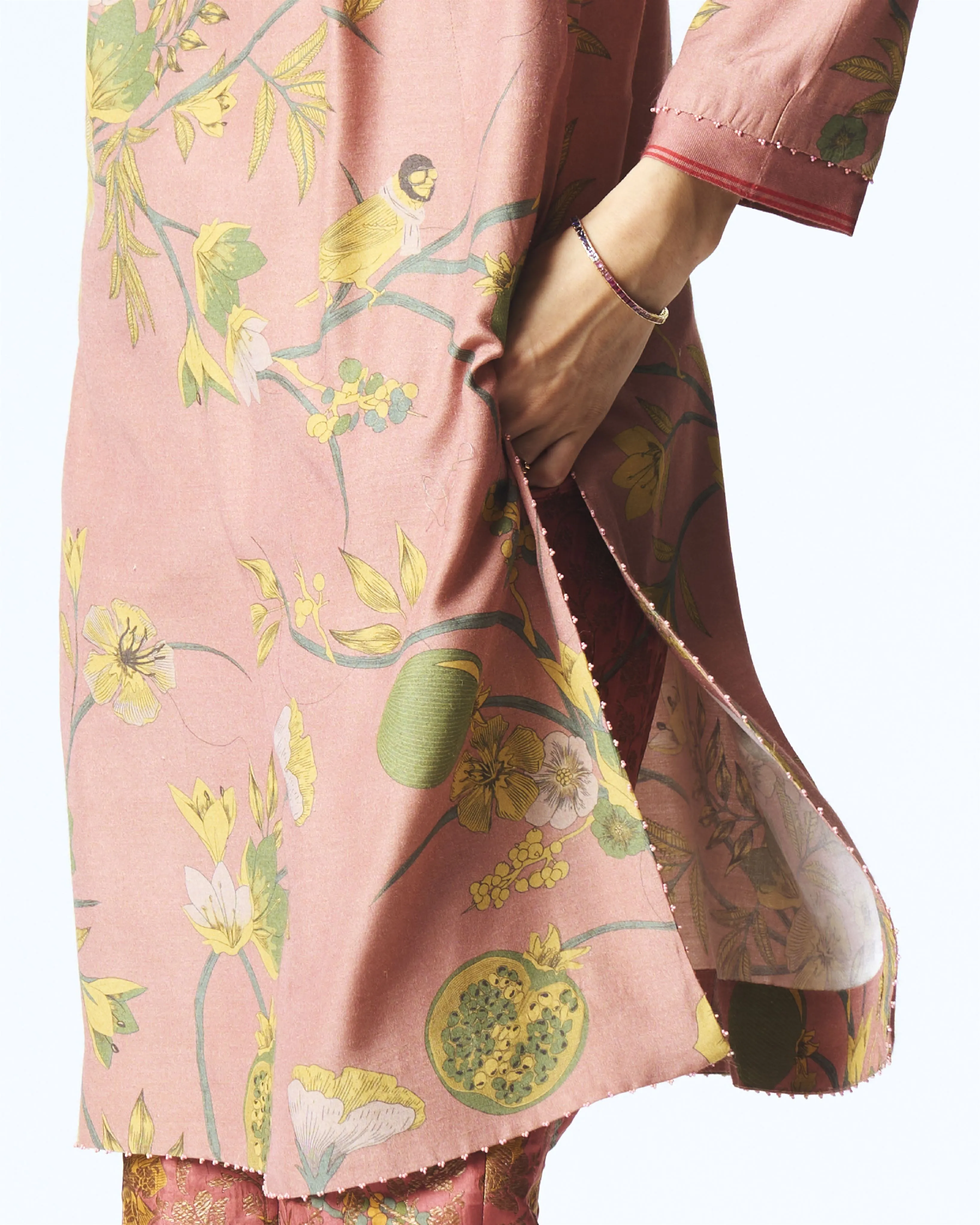 Summer-Tunic Kurta V Neck Rose Muga Satin Silk-Fashion Edit Orchard-WP507MT537-SUKETDHIR