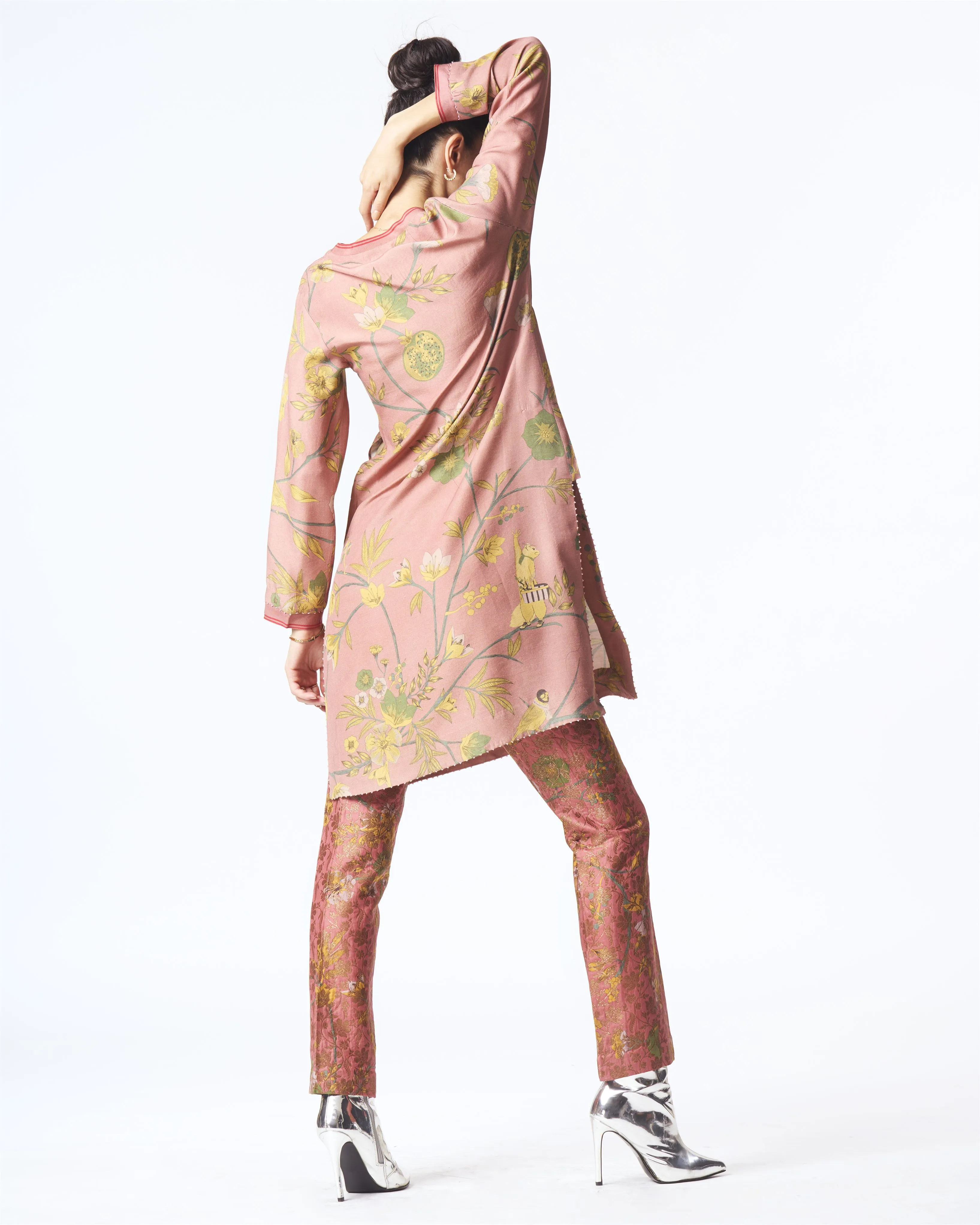 Summer-Tunic Kurta V Neck Rose Muga Satin Silk-Fashion Edit Orchard-WP507MT537-SUKETDHIR