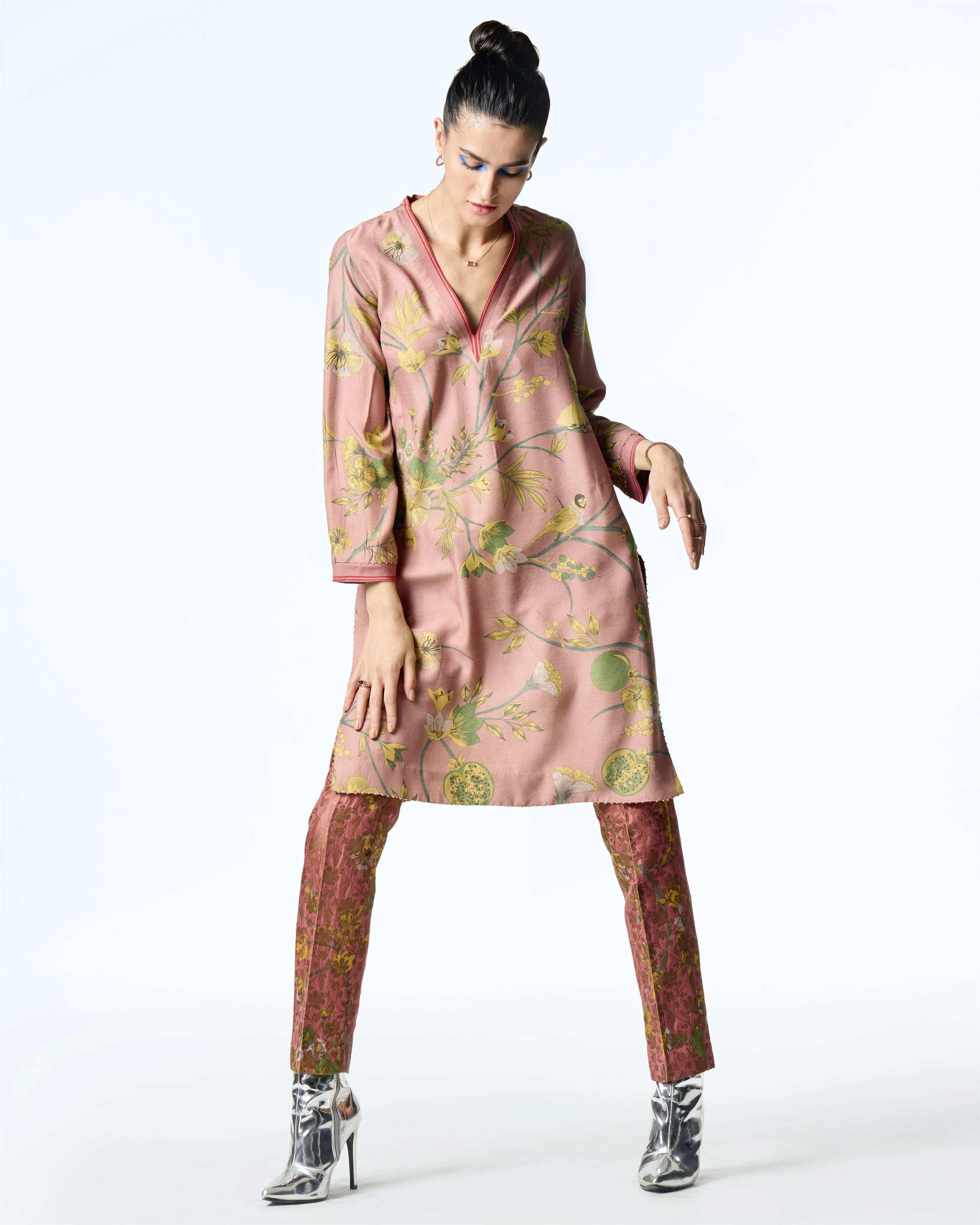 Summer-Tunic Kurta V Neck Rose Muga Satin Silk-Fashion Edit Orchard-WP507MT537-SUKETDHIR