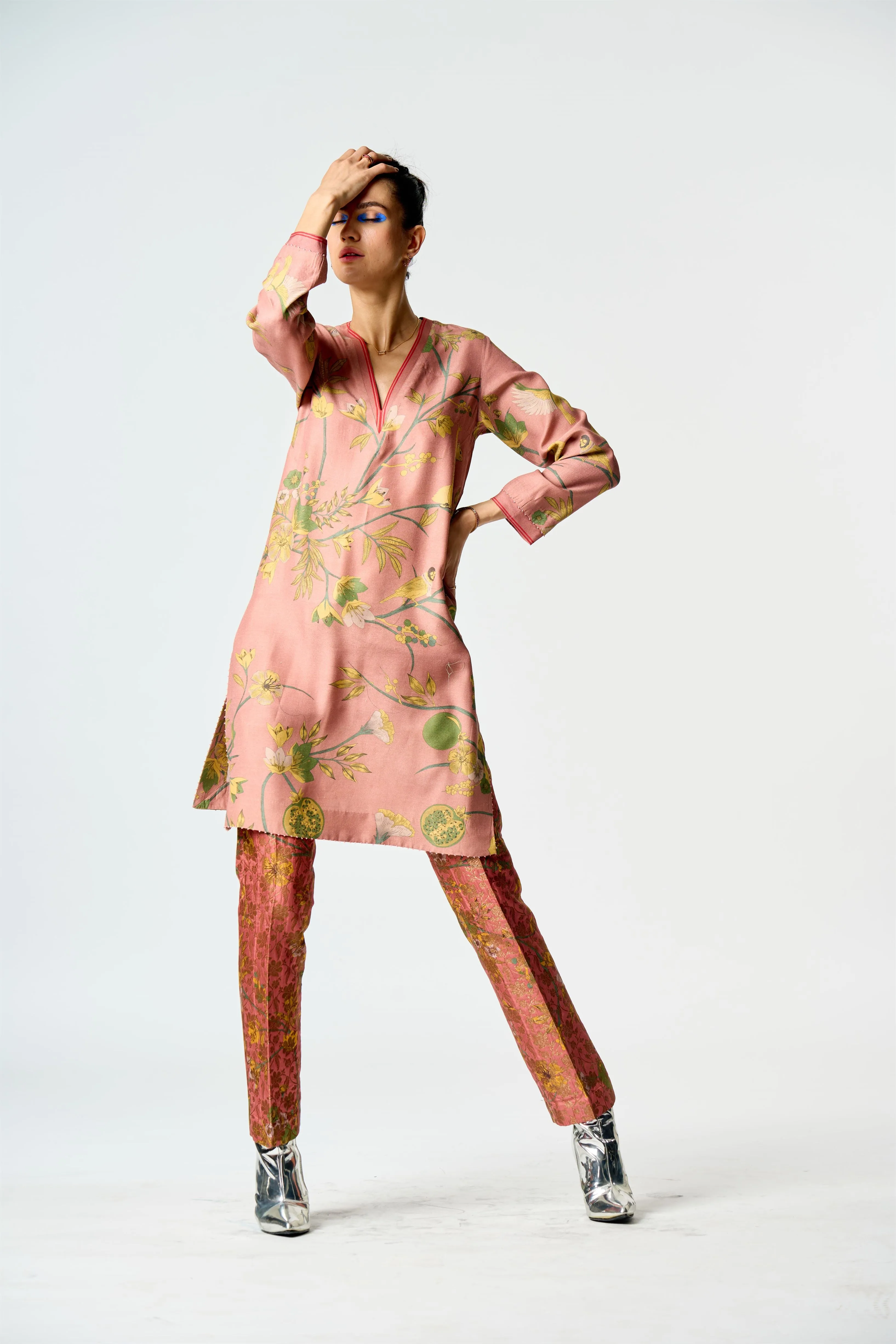 Summer-Tunic Kurta V Neck Rose Muga Satin Silk-Fashion Edit Orchard-WP507MT537-SUKETDHIR