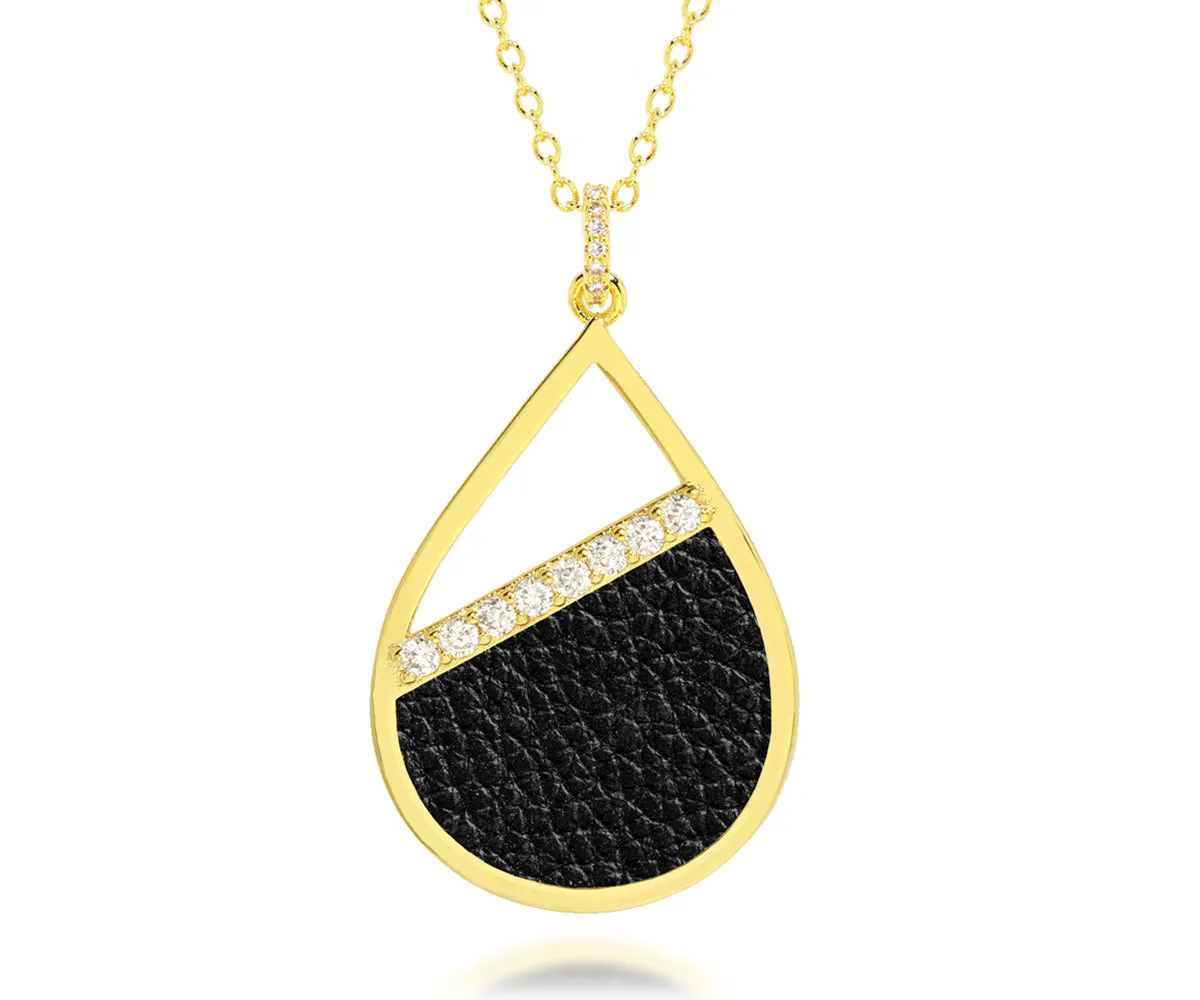 Teardrop Leather Inlay Crystal Gold Necklace