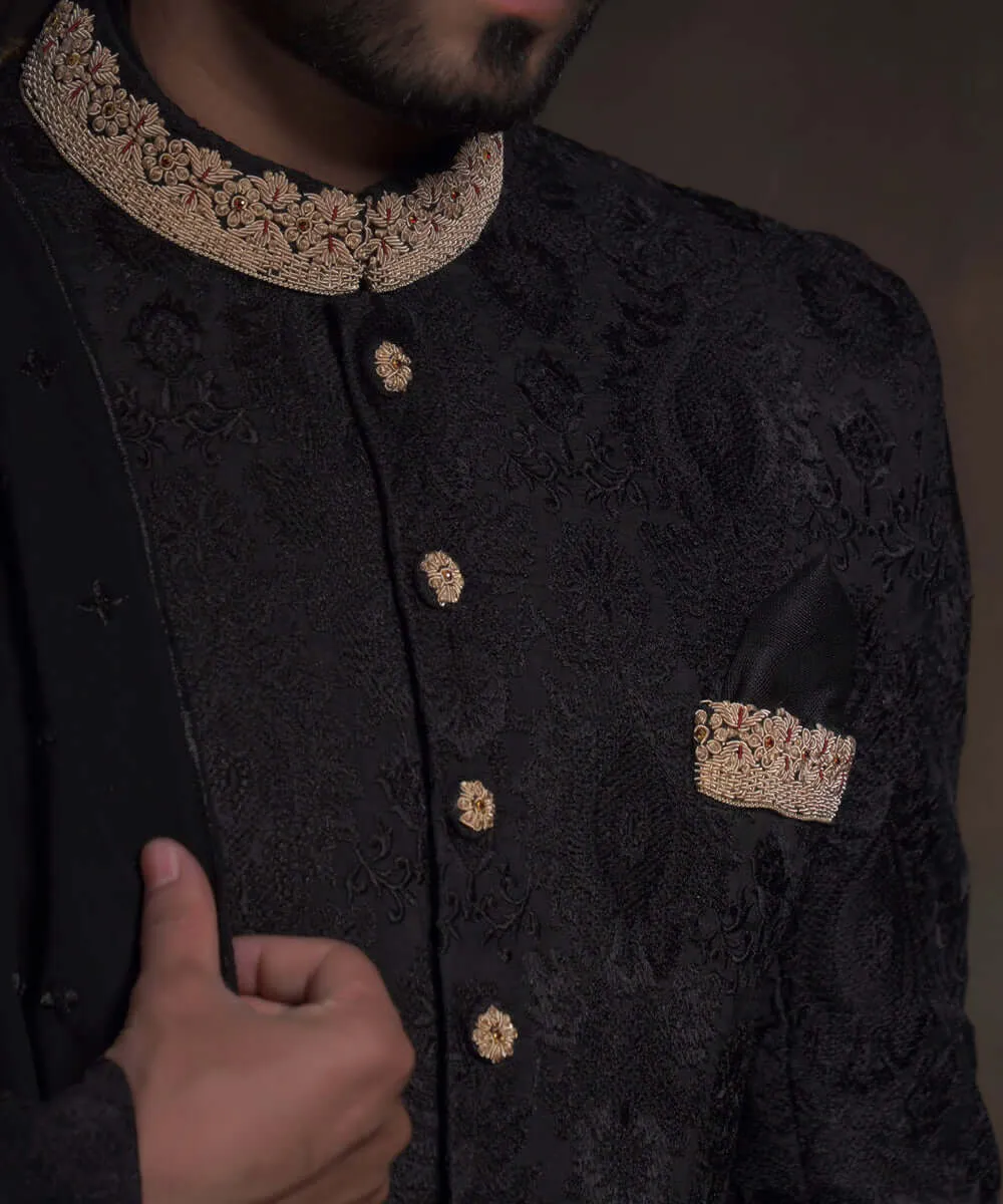 Traditional Black Embroidered Nawab Style Pakistani Groom Sherwani