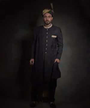 Traditional Black Embroidered Nawab Style Pakistani Groom Sherwani