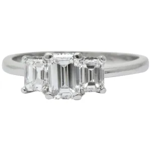 Vintage 1.40 CTW Emerald Cut Diamond Platinum Three Stone Engagement Ring