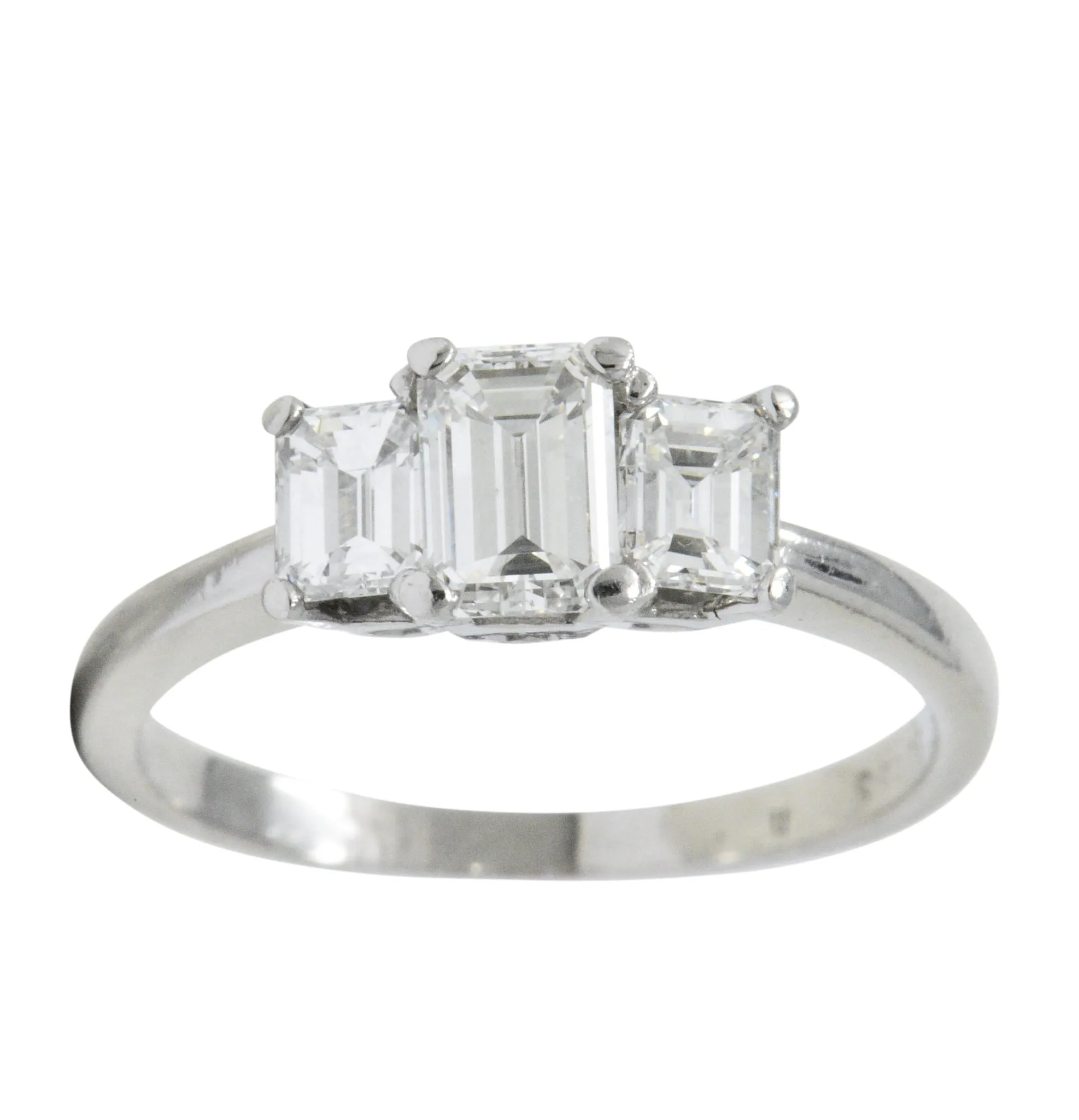 Vintage 1.40 CTW Emerald Cut Diamond Platinum Three Stone Engagement Ring