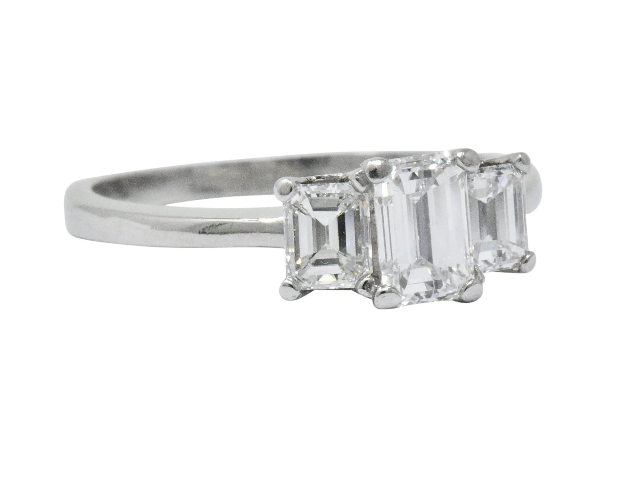 Vintage 1.40 CTW Emerald Cut Diamond Platinum Three Stone Engagement Ring