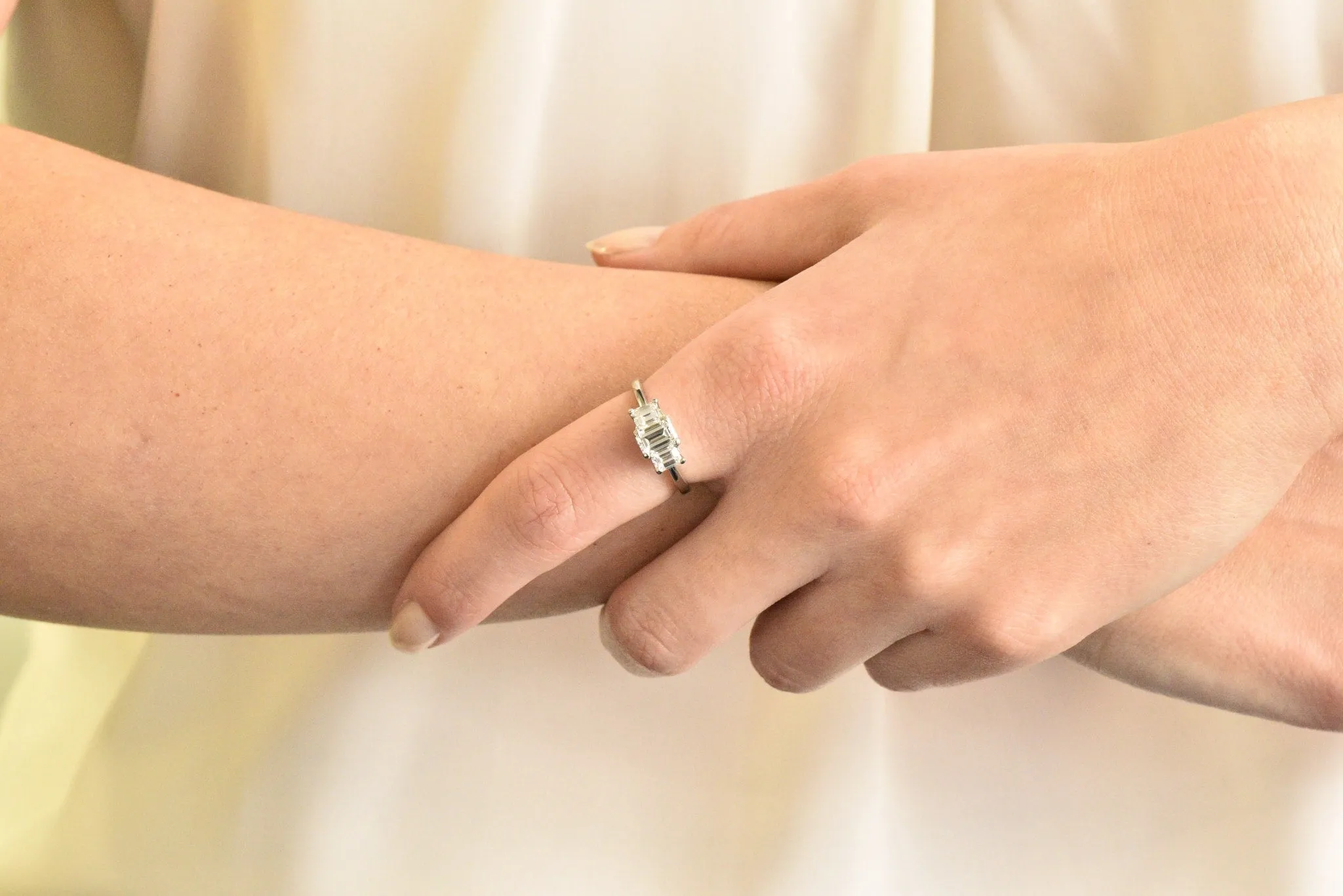 Vintage 1.40 CTW Emerald Cut Diamond Platinum Three Stone Engagement Ring