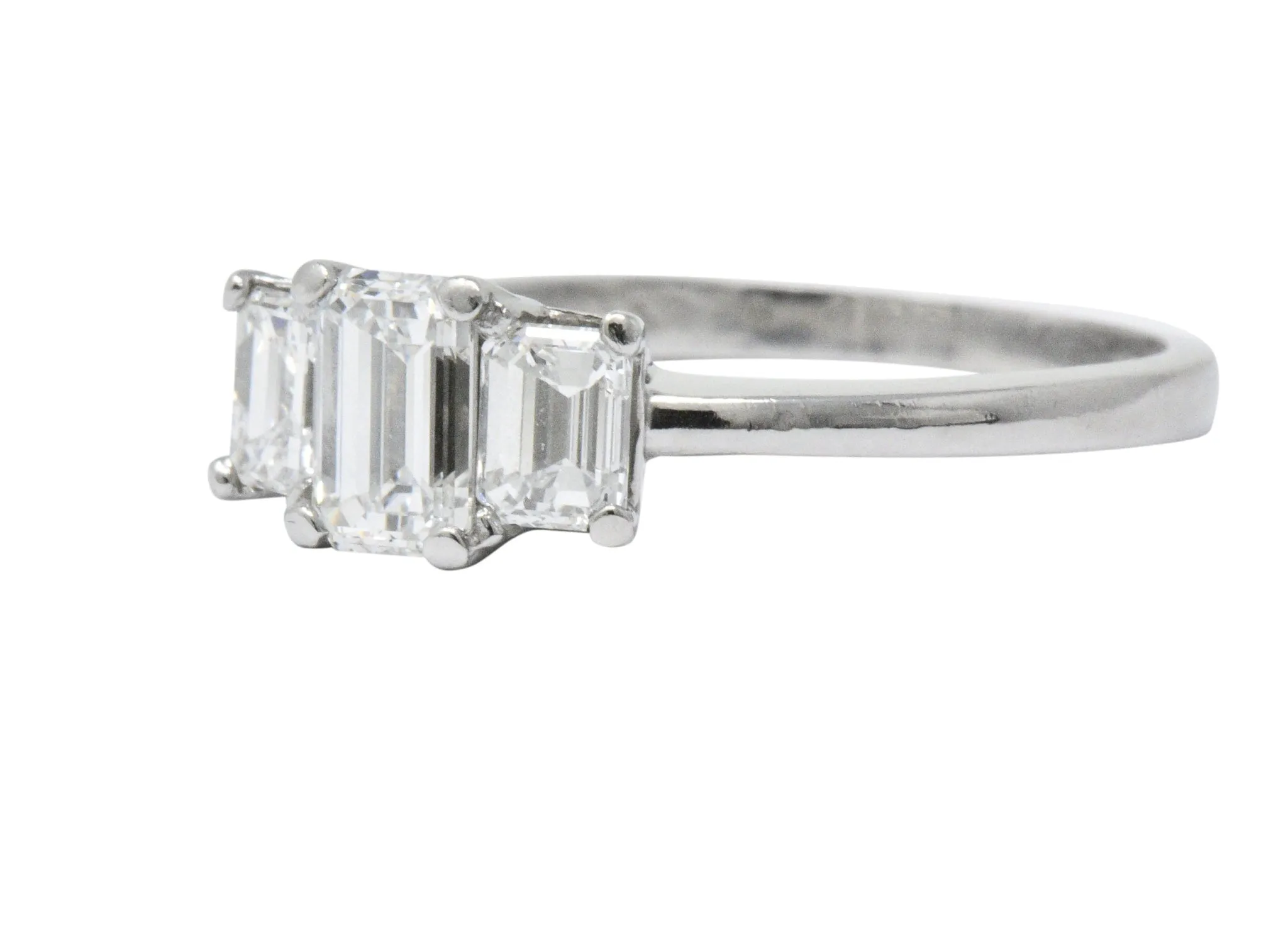 Vintage 1.40 CTW Emerald Cut Diamond Platinum Three Stone Engagement Ring