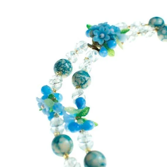 Vintage 1950s Blue and White Crystal Bubble Bead Necklace with Flowers