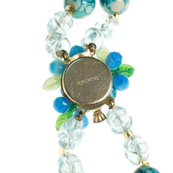Vintage 1950s Blue and White Crystal Bubble Bead Necklace with Flowers