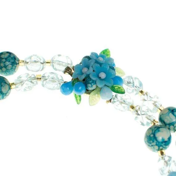 Vintage 1950s Blue and White Crystal Bubble Bead Necklace with Flowers